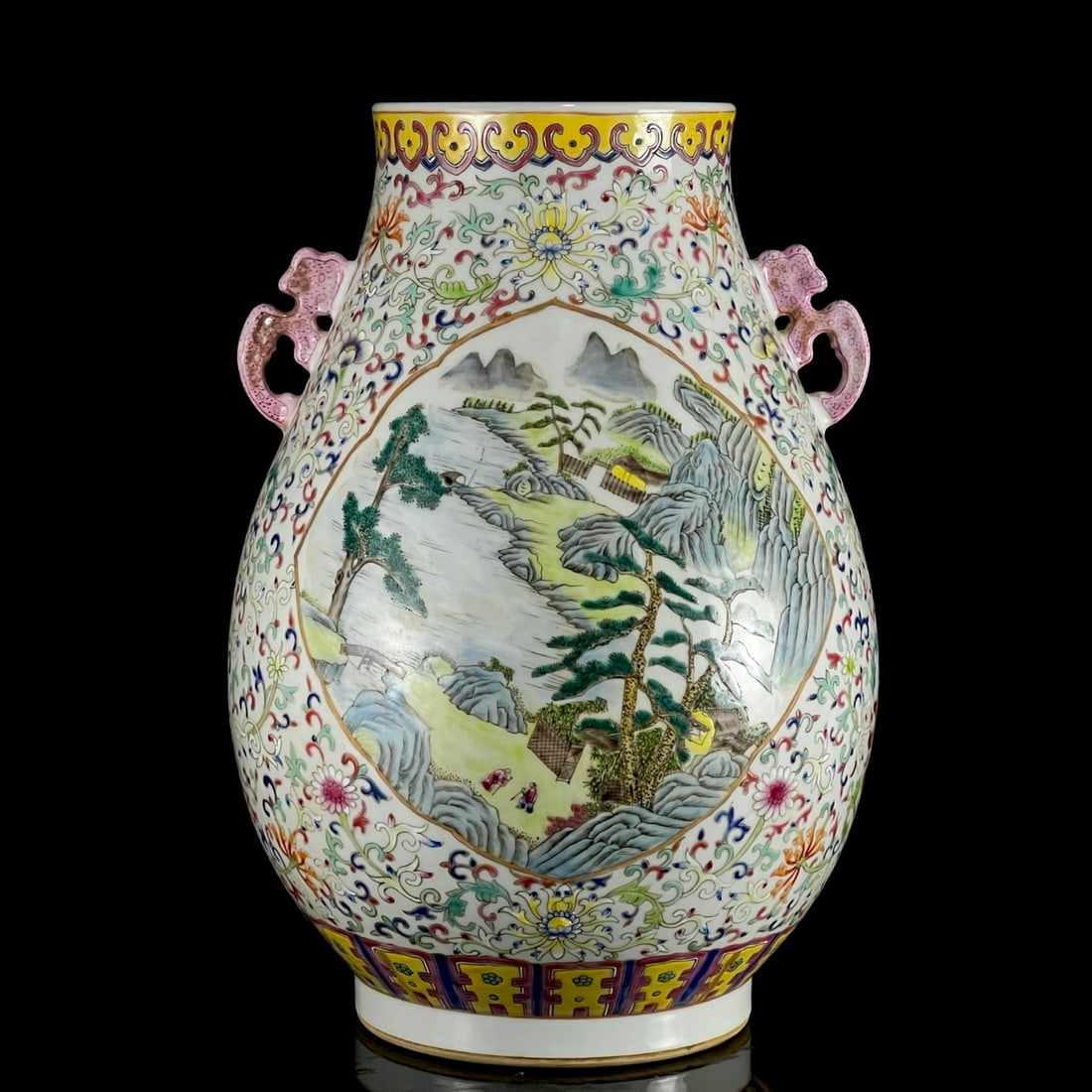A Rare Enamel Painted Gold Lotus,Landscape and Figure Pattern Double-Ears Vase: A Rare Enamel Painted Gold Lotus,Landscape and Figure Pattern Double-Ears Vase,Qing Dynasty, China,Guangxu Six-character Mark,Size:15.6inx9.8in 