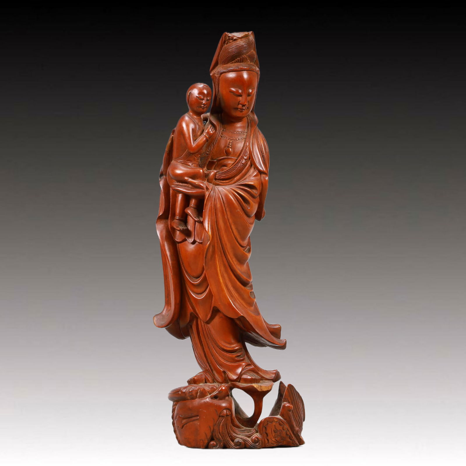 A Marvelous Boxwood 'Guanyin And Boy' Decoration (1 of 9)