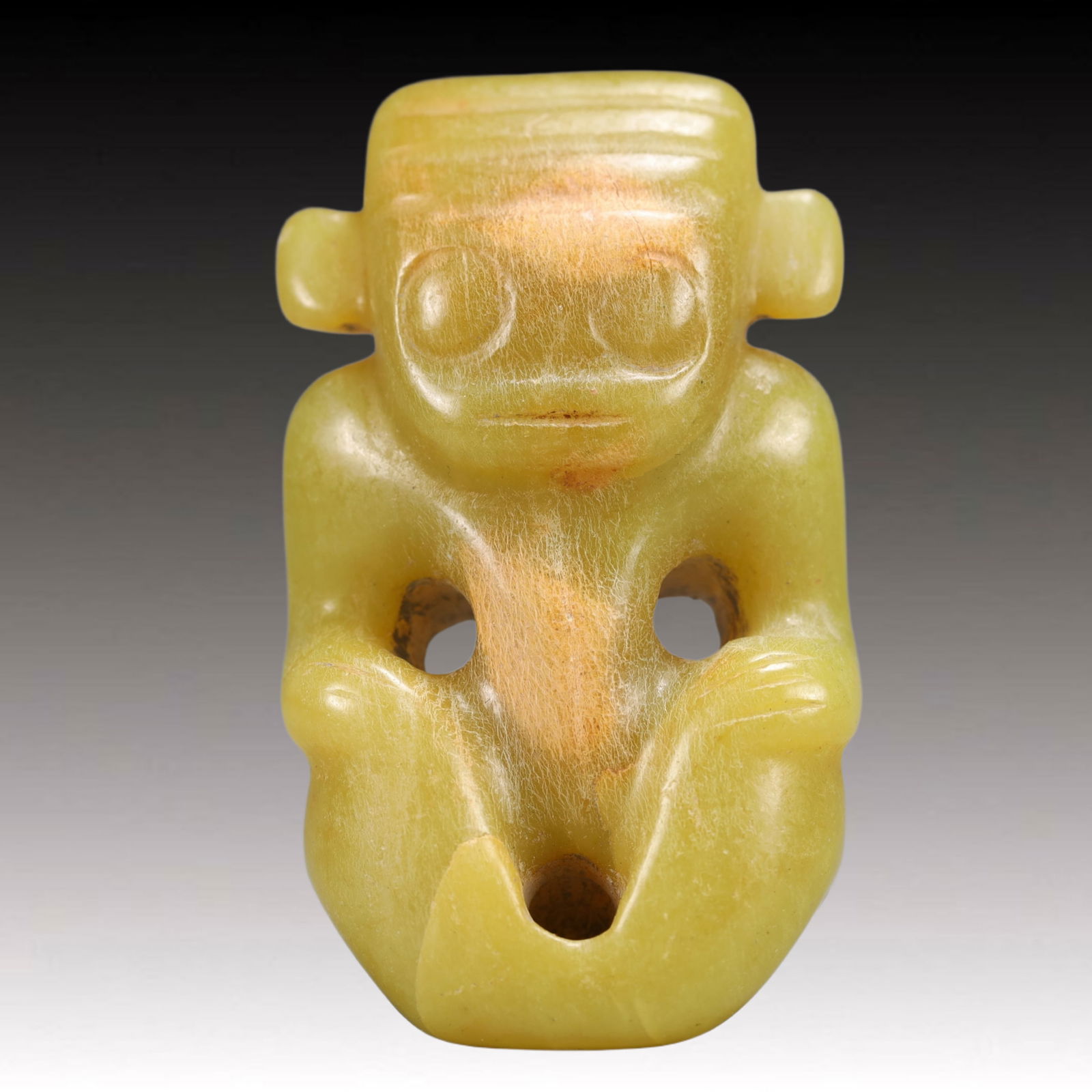 An Archaic Hongshan Culture Yellow Jade Figure Ornament: An Archaic Hongshan Culture Yellow Jade Figure Ornament,Ancient Time, China,Size:1.5inx0.8inx2.6in Weight:64.6g 红山文化黄玉人物摆件,新