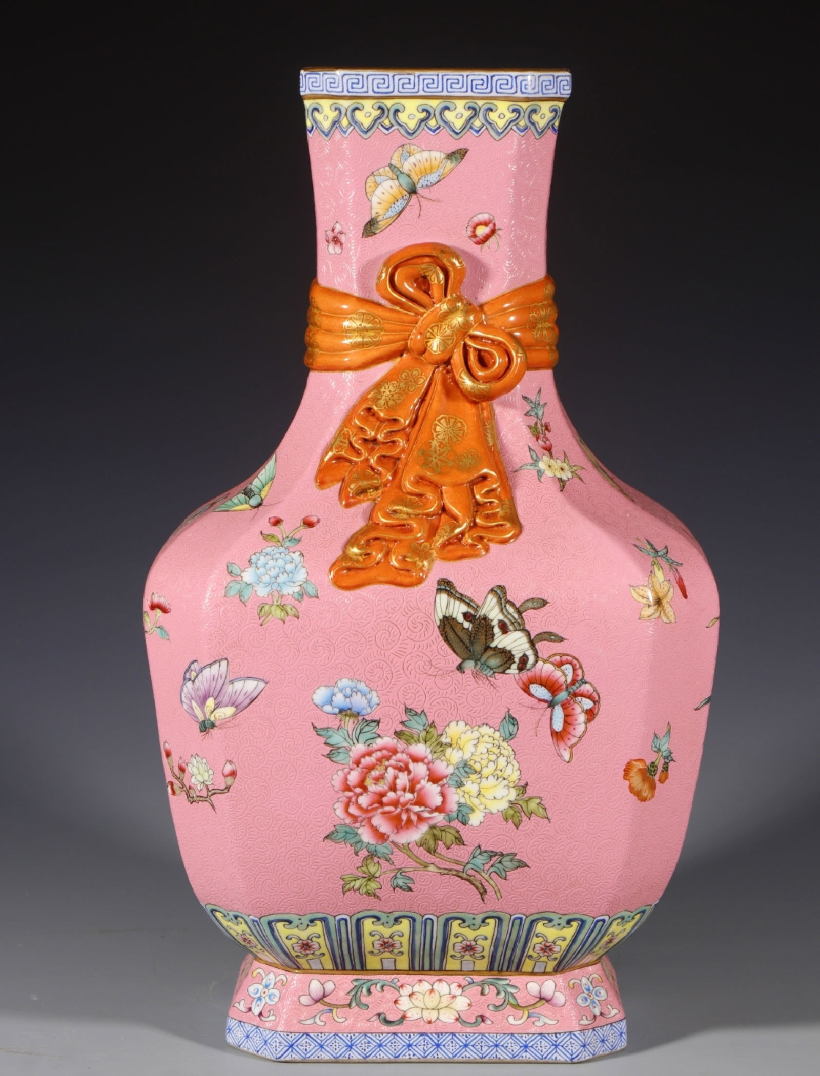 A Rare Enamel Pink Ground Flower and Butterfly Pattern Vase (1 of 9)