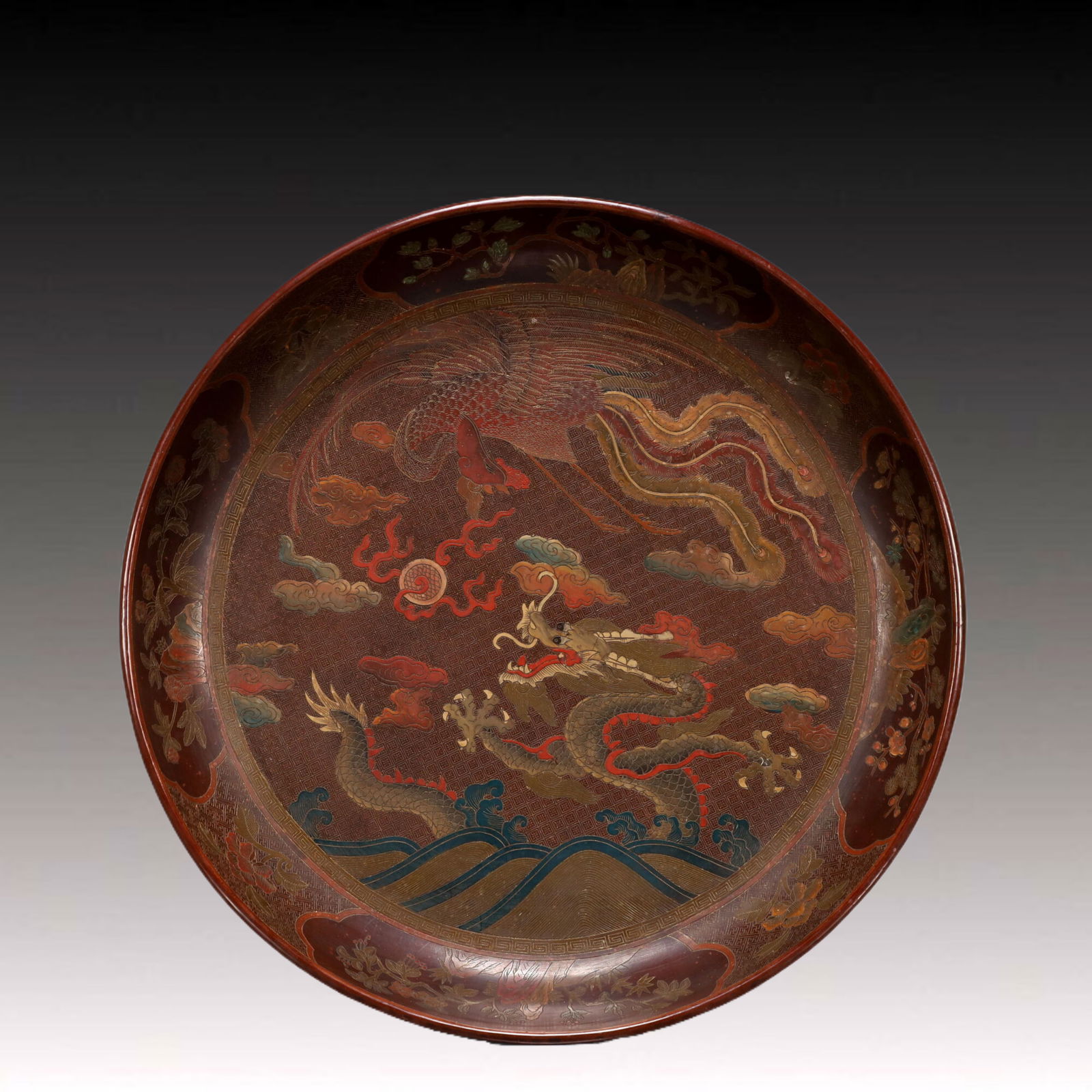 A Exquisite Carved Red Lacquer Flower Pattern Dragon and Phoenix Pattern Plate (1 of 16)