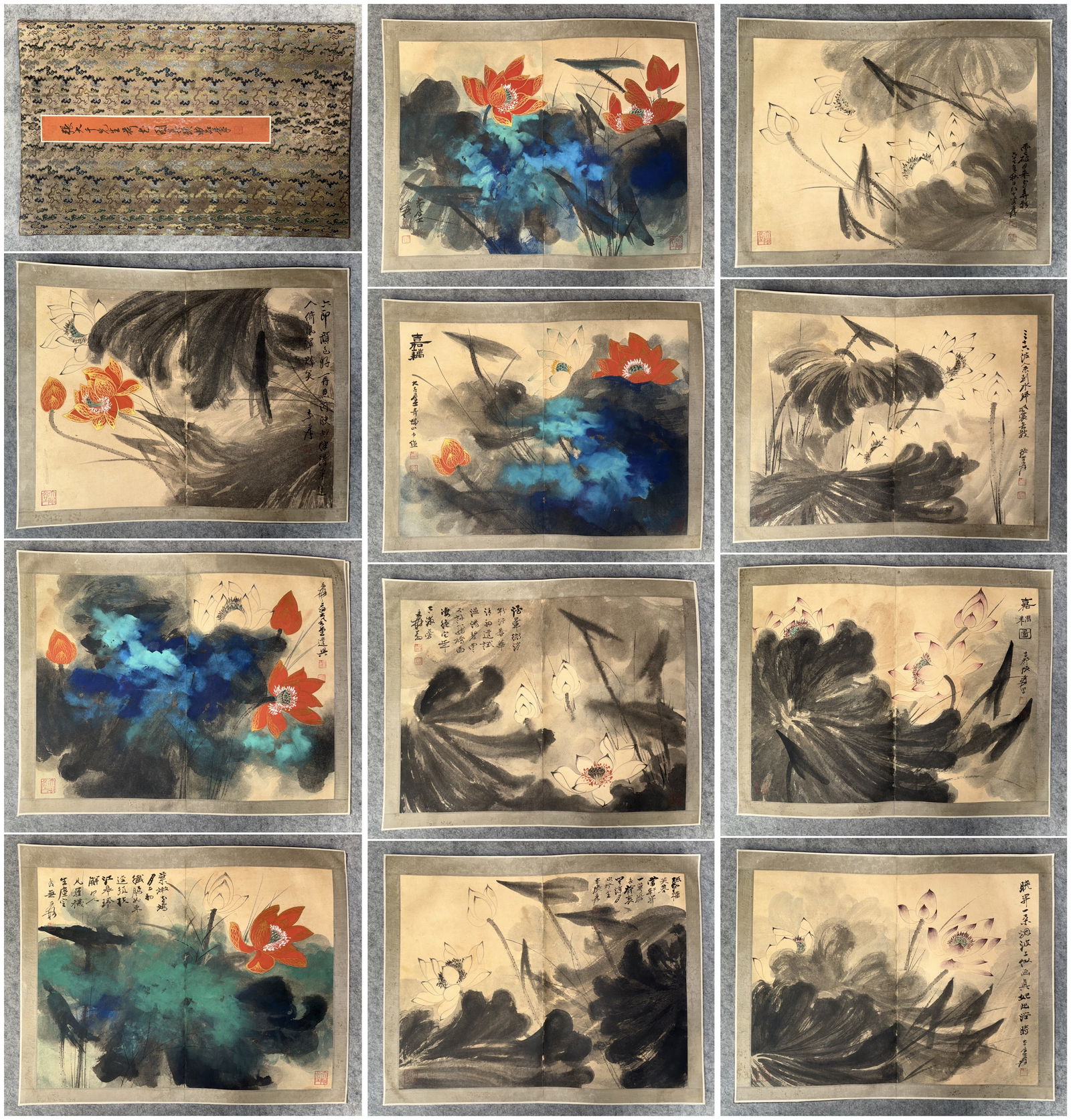 A Chinese Album Ink Painting of Lotus on Paper,Zhang Daqian: A Chinese Album Ink Painting of Lotus on Paper,Zhang Daqian,Size:15.7inx21.3in,18.5inx11.8in 一本中国水墨荷花图画册,张大&#