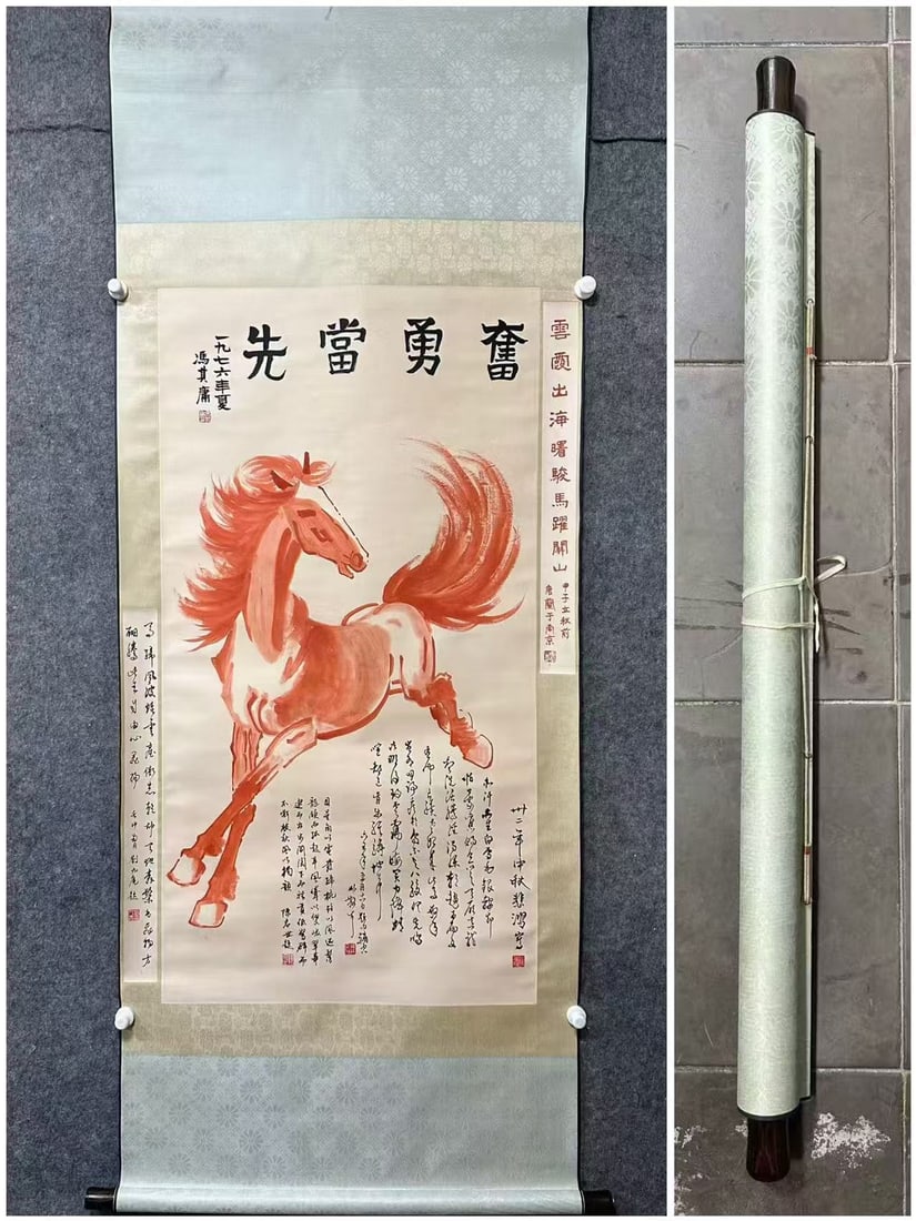 A Chinese Vertical Scroll Ink Painting of Horse on Paper,Xu Beihong: A Chinese Vertical Scroll Ink Painting of Horse on Paper,Xu Beihong,Size:(Without frame):26.4inx49.6in 一幅中国水墨骏马图立轴,徐