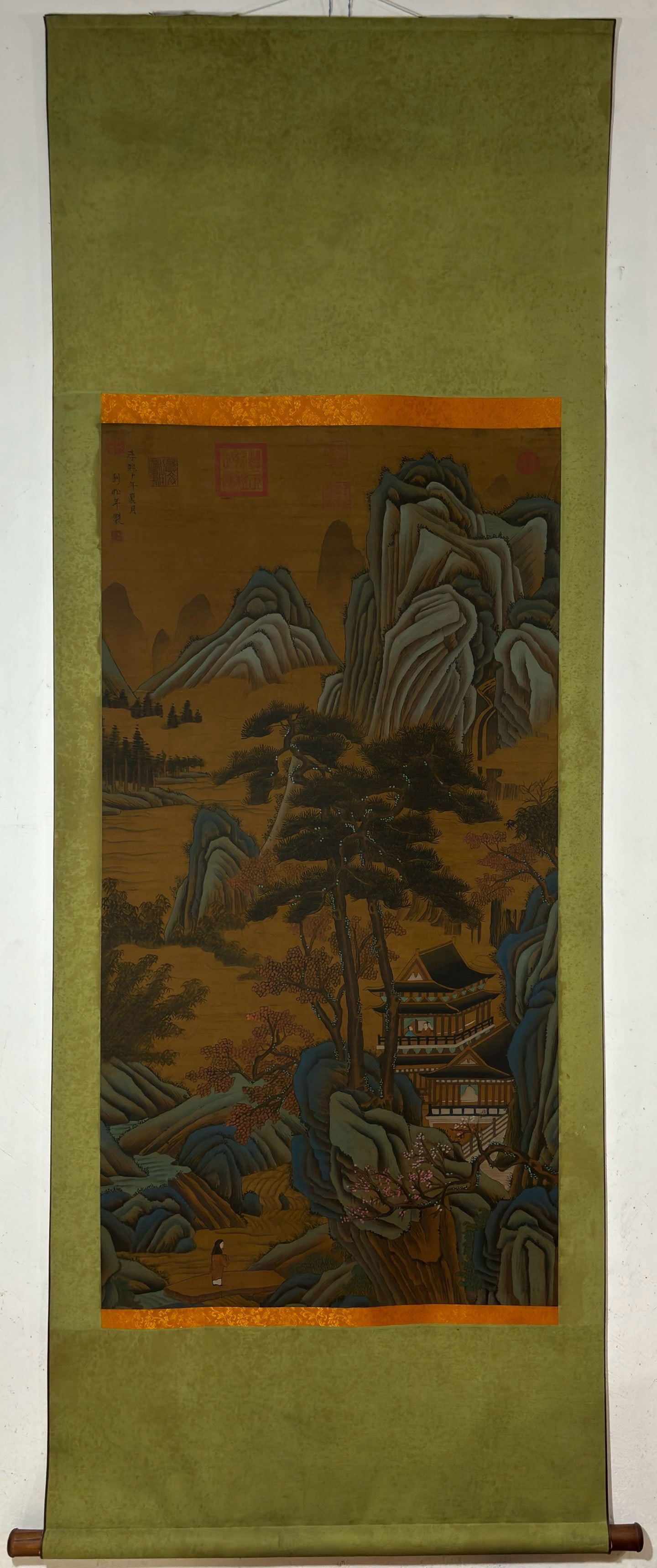 A Chinese Vertical Scroll Ink Painting of Landscape and Figure on Silk,Liu Songnian (1 of 9)