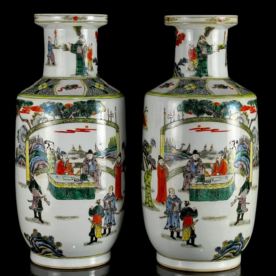 A Pair of Huge Wucai Painted Gold Character and Story Pattern Vases: A Pair of Huge Wucai Painted Gold Character and Story Pattern Vases,Qing Dynasty, China,Kangxi Six-character Mark,Size:16.1inx7.1in 