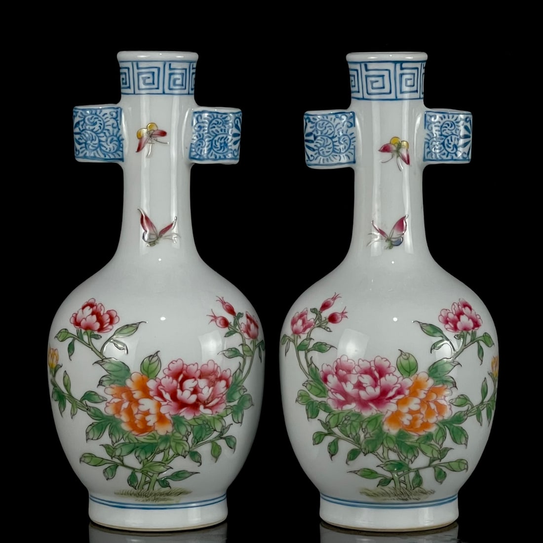 A Pair of Exquisite Enamel Flower and Butterfly Pattern Double-Ears Vases,With Poem: A Pair of Exquisite Enamel Flower and Butterfly Pattern Double-Ears Vases,With Poem,Qing Dynasty, China,Yongzheng Four-character Mark,Size:6.7inx3in 