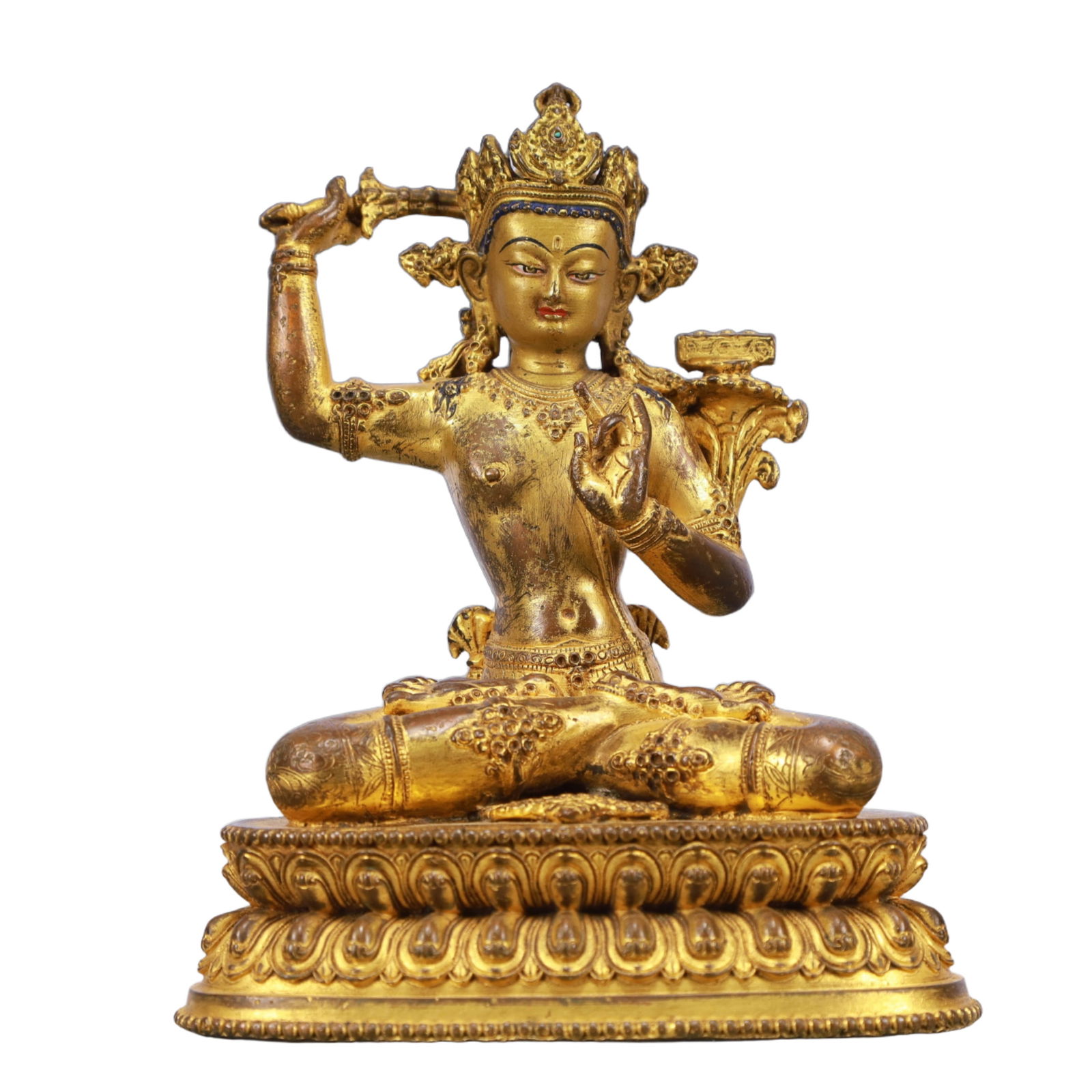 A Solemn Gilt Bronze Statue of Manjusri: A Solemn Gilt Bronze Statue of Manjusri,Qing Dynasty, China, Size:6.3inx3.9inx7.9in,Weight:2000g 铜鎏金文殊菩萨像,中国清代,