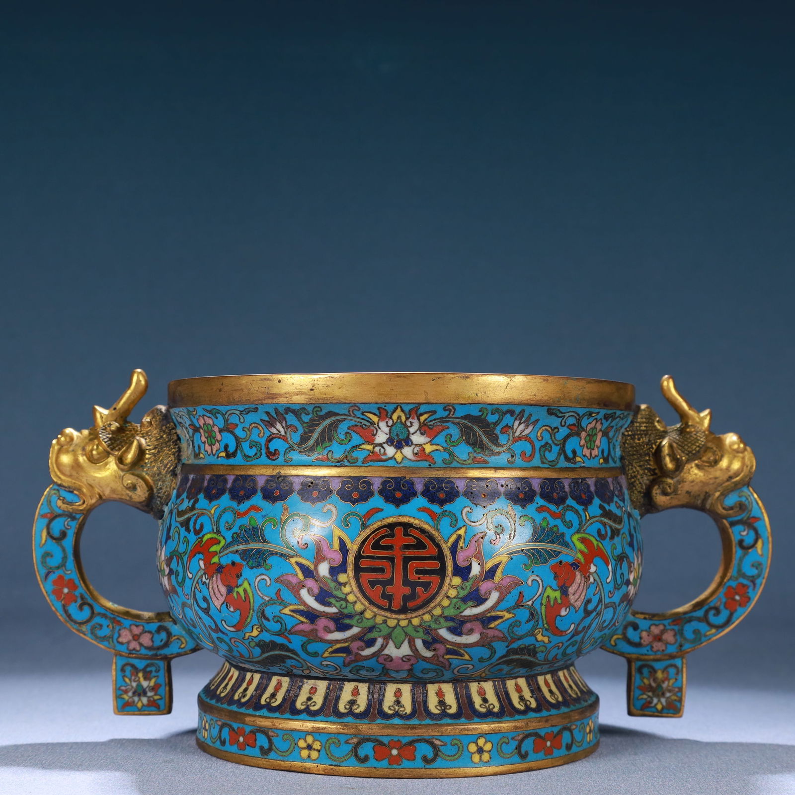 An Exquisite Cloisonne Lotus Pattern Beast-Ears Censer: An Exquisite Cloisonne Lotus Pattern Beast-Ears Censer,Qing Dynasty, China,Qianlong Four-character Mark,Size:8.5inx5.5inx4.3in,Weight:1100g 