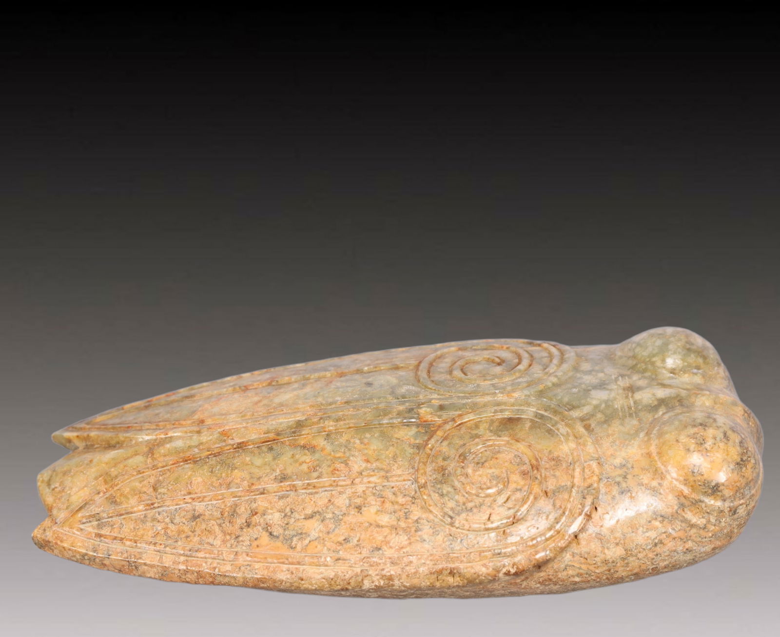 An Archaic Hongshan Culture Yellow Jade Cicada Ornament: An Archaic Hongshan Culture Yellow Jade Cicada Ornament,Ancient Time, China,Size:4.3inx8.7inx1.6in Weight:1900g 红山文化黄玉蝉摆件,新石