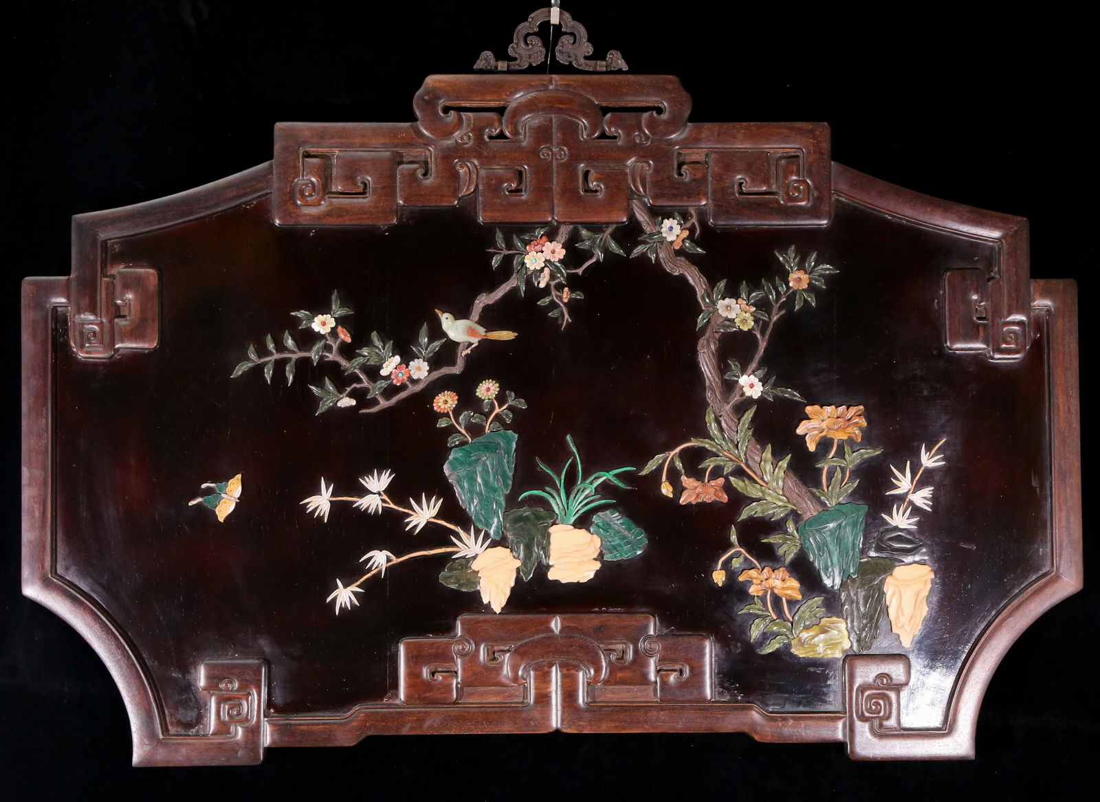 An exquisite lacquered huanghuali wood hanging screen with flower and bird patterns inlaid with (1 of 5)