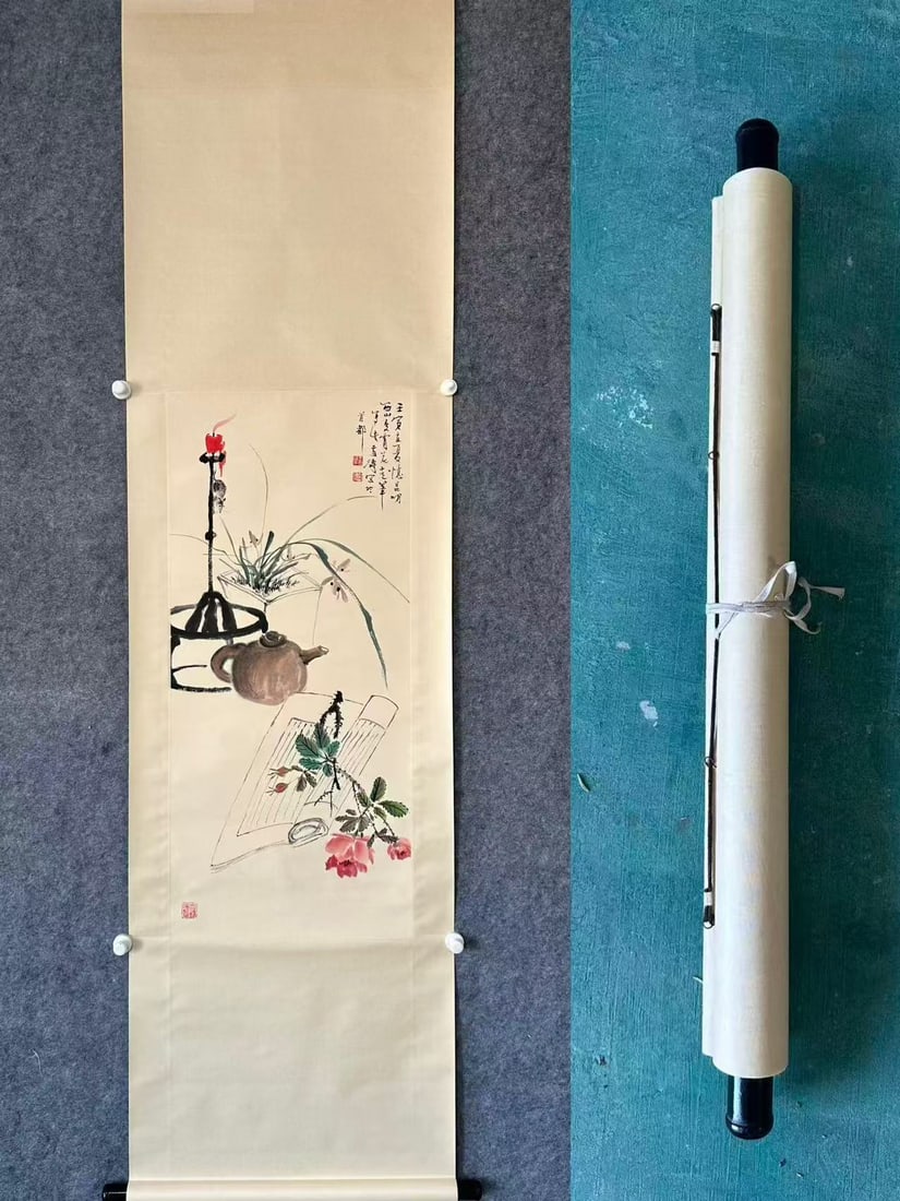 A Chinese Vertical Scroll Ink Painting of Flower on Paper,Wang Xuetao: A Chinese Vertical Scroll Ink Painting of Flower on Paper,Wang Xuetao,Size:(Without frame):17.3inx38.6in 一幅中国水墨花卉画立轴,஍
