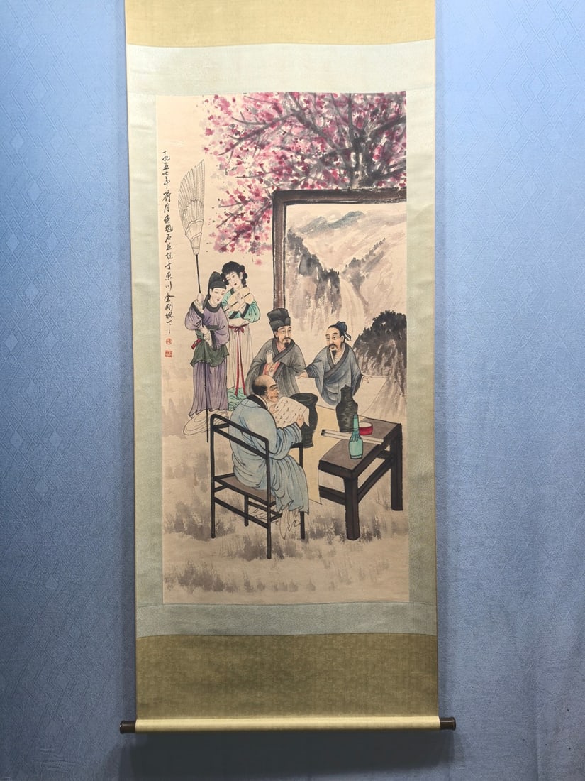 A Chinese Vertical Scroll Ink Painting of Character and Story on Paper,Fu Baoshi: A Chinese Vertical Scroll Ink Painting of Character and Story on Paper,Fu Baoshi,Size:(Without frame)26.8inx54.7in 一幅中国水墨人物故事Ĭ