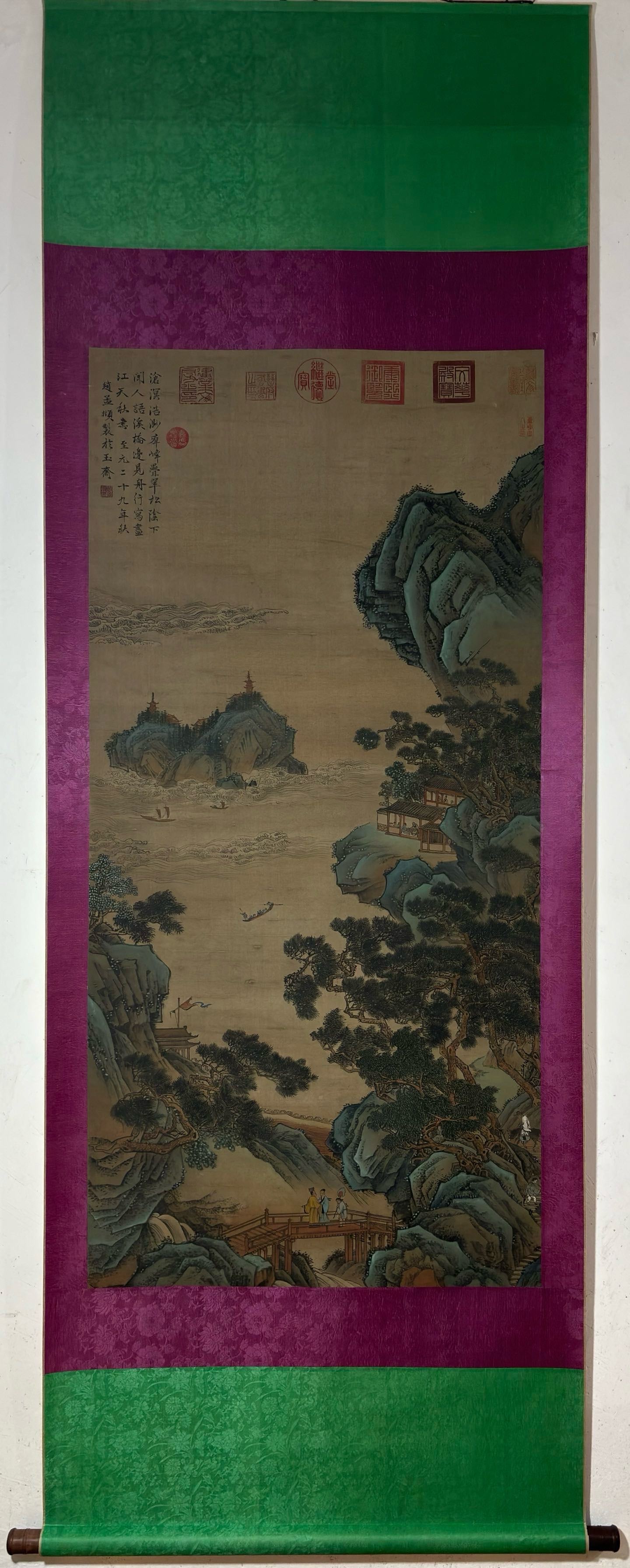A Chinese Vertical Scroll Ink Painting of Landscape and Figure on Silk,Zhao Mengfu: A Chinese Vertical Scroll Ink Painting of Landscape and Figure on Silk,Zhao Mengfu,Size:(Without frame)55.1inx26.8in 一幅中国水墨绢本山水