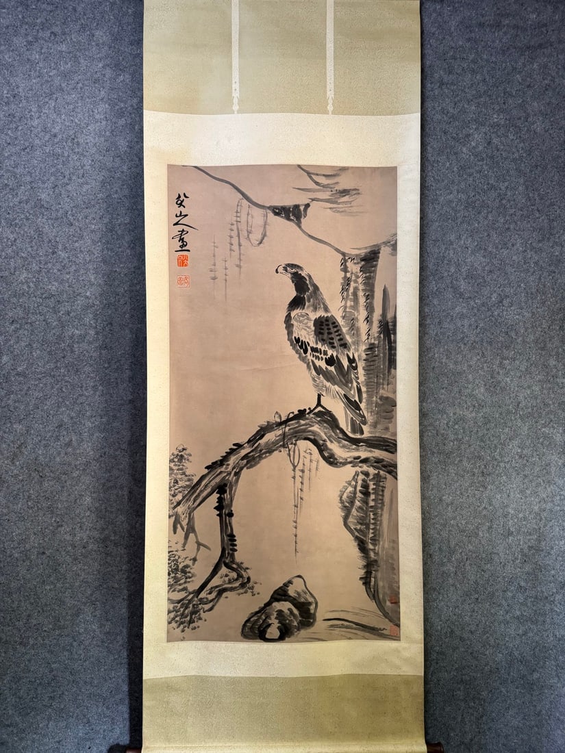 A Chinese Vertical Scroll Ink Painting of Pine and Eagle on Paper,Bada Shanren: A Chinese Vertical Scroll Ink Painting of Pine and Eagle on Paper,Bada Shanren,Size:(Without frame)26.6inx54.3in 一幅中国水墨松鹰图立轴