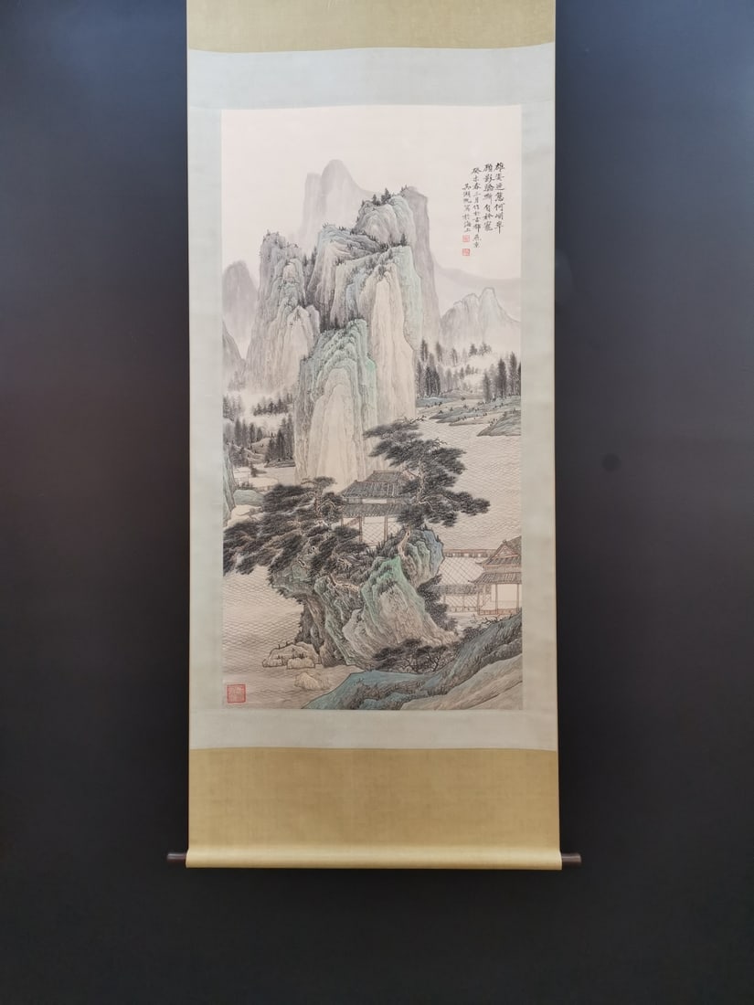 A Chinese Vertical Scroll Ink Painting of Landscape on Paper,Wu Hufan: A Chinese Vertical Scroll Ink Painting of Landscape on Paper,Wu Hufan,Size:(Without frame)26.8inx53.7in 一幅中国水墨山水画立轴,吴