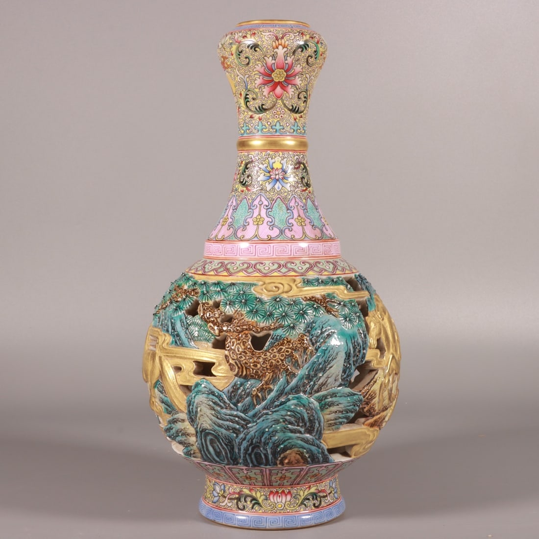 An Exquisite Famille-Rose Painted Gold Hollow Landscape and Horse Pattern Vase (1 of 8)