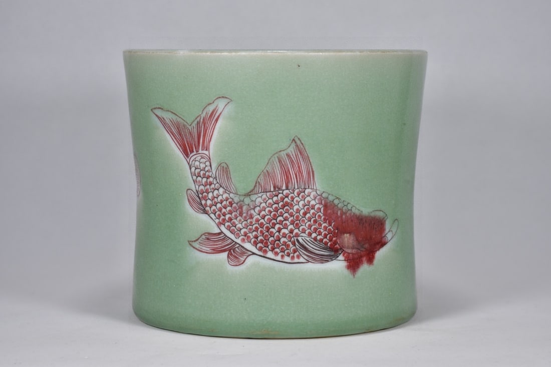 An Exquisite Celadon Glazed Iron-Red Color Fish Pattern Brush Pot (1 of 9)