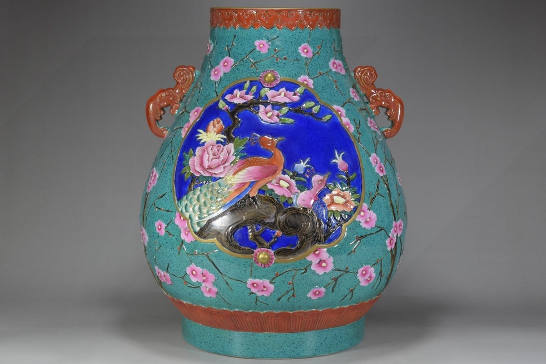 A Huge Turquoise Glazed Famille-Rose Painted Gold Flower and Bird Pattern Double-Ears Vase: A Huge Turquoise Glazed Famille-Rose Painted Gold Flower and Bird Pattern Double-Ears Vase,Qing Dynasty, China,Qianlong Six-character Mark,Size:16.5inx13in 松石绿釉粉