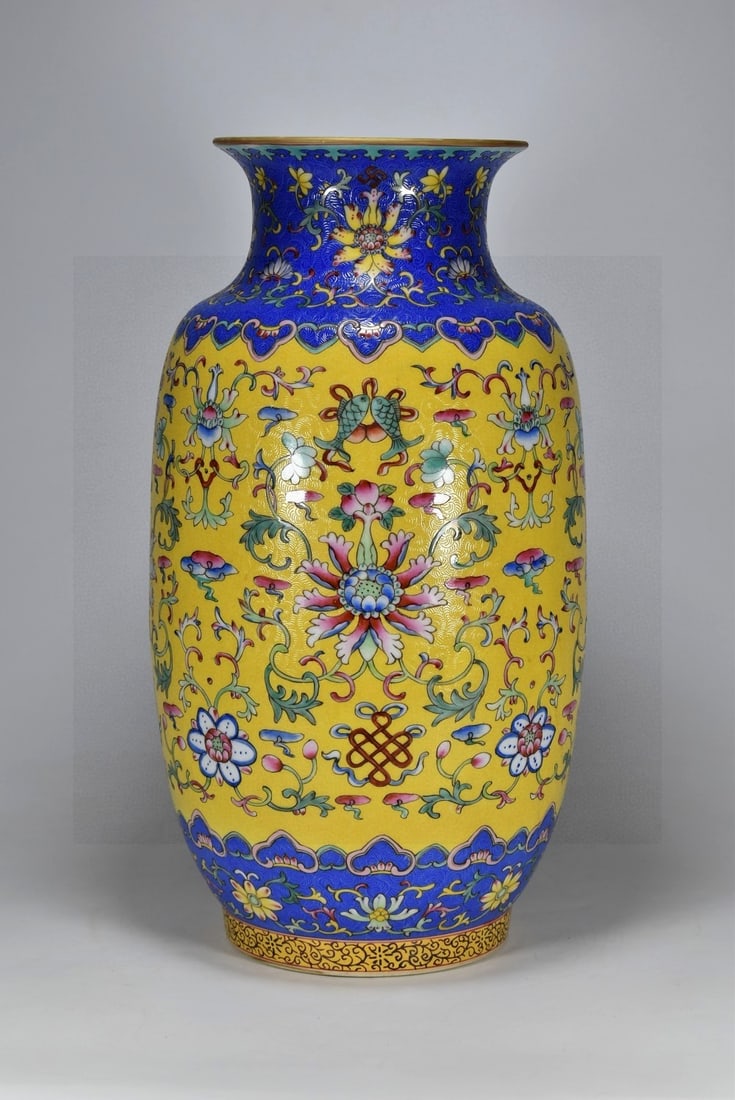 A Huge Yellow Ground Enamel Painted Gold Lotus and Eight Treasures Pattern Vase (1 of 8)