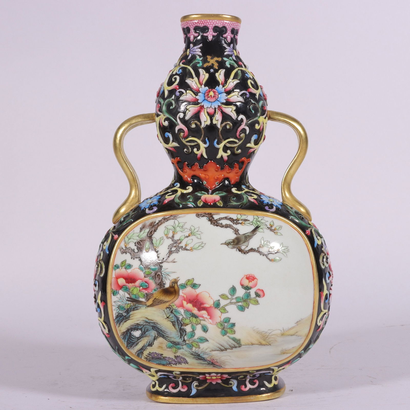 An Exquisite Enamel Black Ground Painted Gold Flower and Bird Pattern Gourd Vase (1 of 9)
