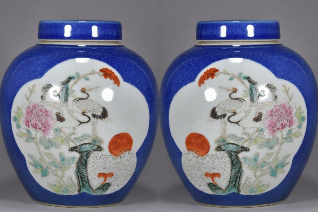 A Pair of Exquisite Blue Glazed Famille-Rose Flower and Bird Pattern Cover Jars: A Pair of Exquisite Blue Glazed Famille-Rose Flower and Bird Pattern Cover Jars,Qing Dynasty, China,Guangxu Six-character Mark,Size:7.1inx6.3in 