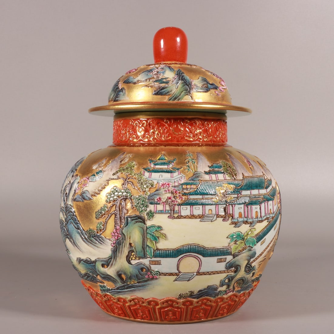 An Exquisite Enamel Gold Ground Landscape Pattern Tea Caddy: An Exquisite Enamel Gold Ground Landscape Pattern Tea Caddy,Qing Dynasty, China,Qianlong Six-character Mark,Size:8.5inx6.3in 
