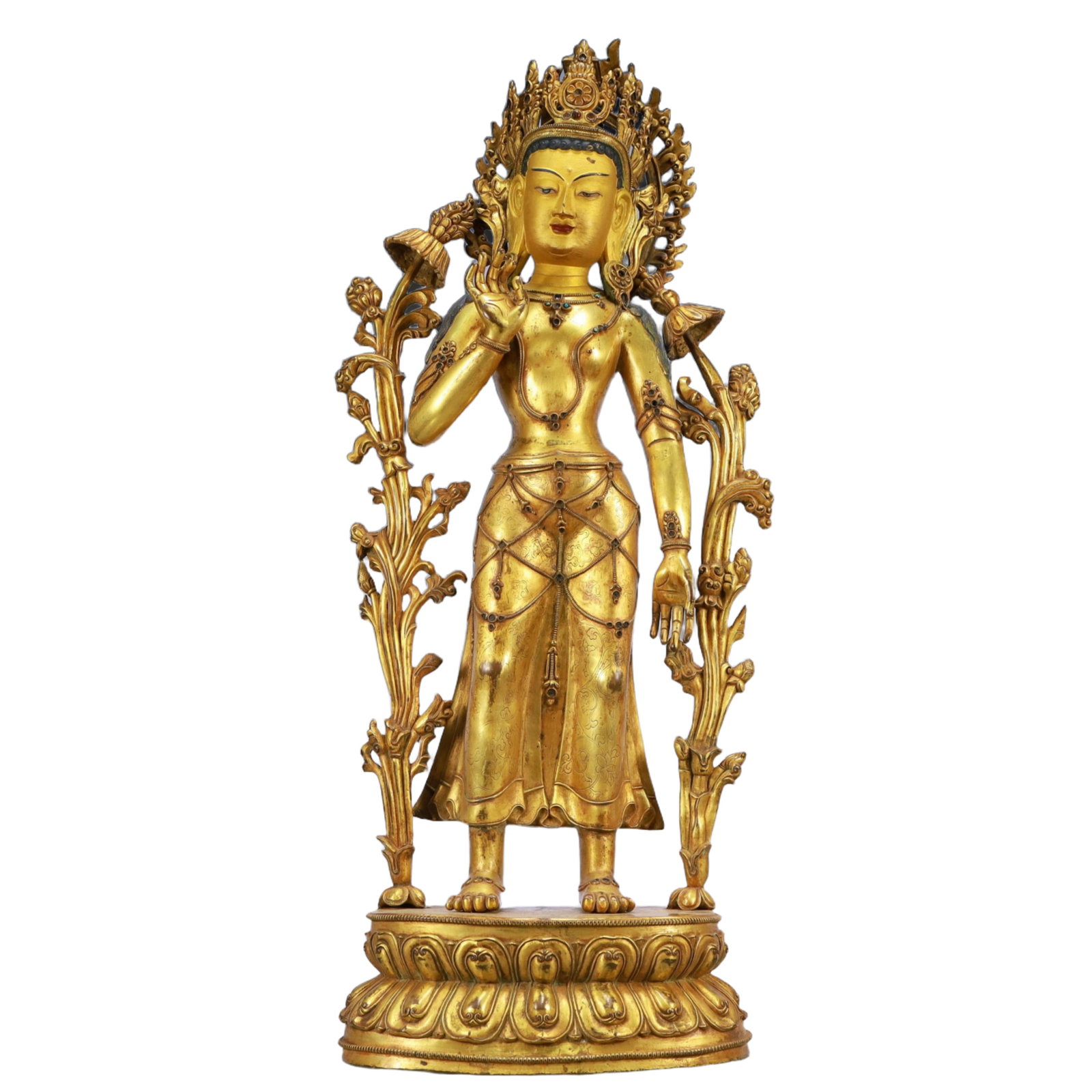 A Solemn Gilt Bronze Statue of Avalokitesvara,Inlaid Turquoise: A Solemn Gilt Bronze Statue of Avalokitesvara,Inlaid Turquoise,Ming Dynasty, China,Size:11.4inx6.7inx30.3in,Weight:17200g 铜鎏金观音像,嵌绿松ĳ