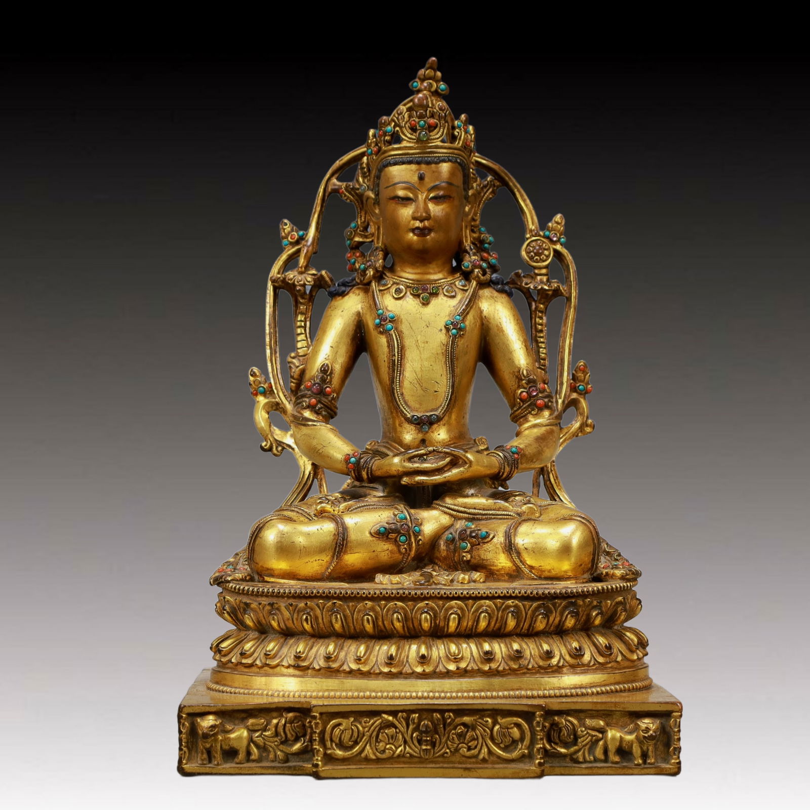 A Solemn Gilt Bronze Statue of Amitayus,Inlaid Turquoise: A Solemn Gilt Bronze Statue of Amitayus,Inlaid Turquoise,Ming Dynasty, China,Size:7.5inx5.5inx11.4in,Weight:4000g 