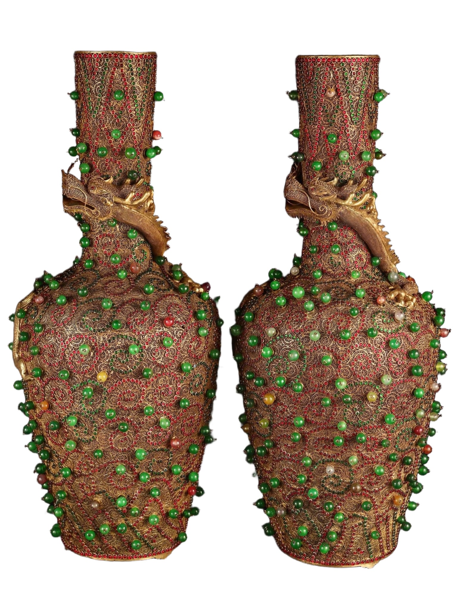 A Pair of Huge Filigree and Gilding Dragon Pattern Vases,Inlaid Gems: A Pair of Huge Filigree and Gilding Dragon Pattern Vases,Inlaid Gems,Qing Dynasty,China,Qianlong Four-character Mark,Size:11.4inx11.4inx27.8in,Weight:11028g 