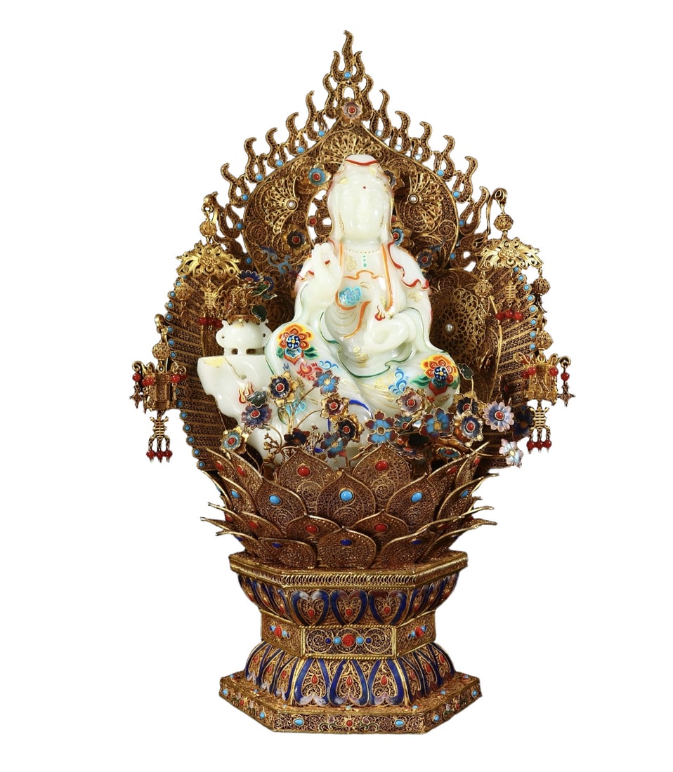 A Huge Filigree and Gilding Inlaid White Jade Painted Color Statue of Avalokitesvara,Inlaid Gems and: A Huge Filigree and Gilding Inlaid White Jade Painted Color Statue of Avalokitesvara,Inlaid Gems and Turquoise,Qing Dynasty,China,Qianlong Four-character Mark,Size:21.3inx12.6inx8.1in,Weight:7400g 
