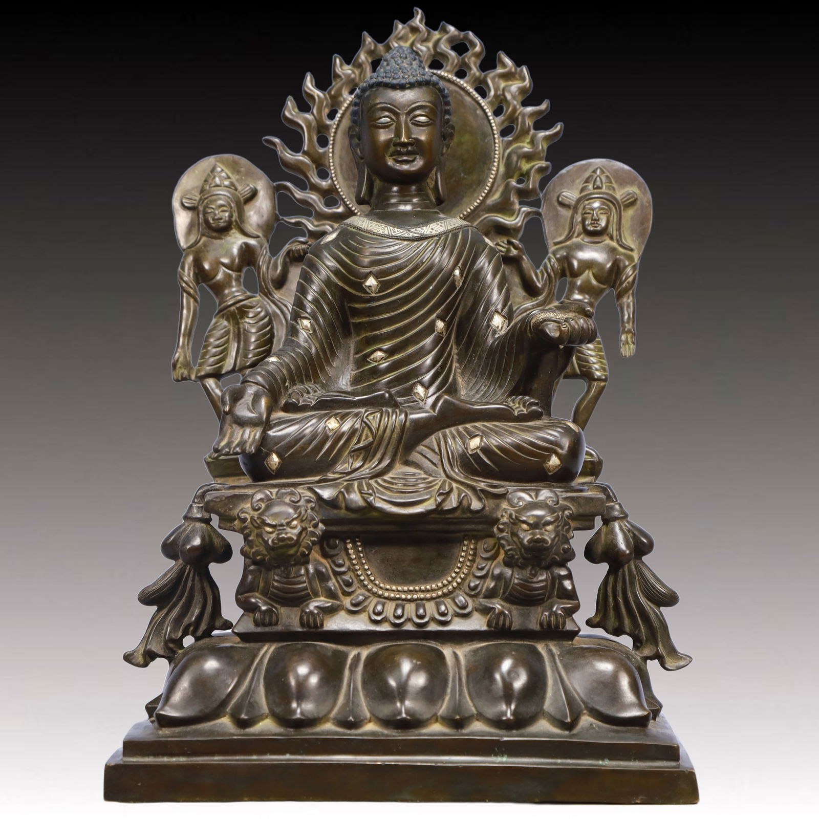 A Solemn Bronze Inlaid Silver Statue of Sakyamuni, With Inscription (1 of 10)