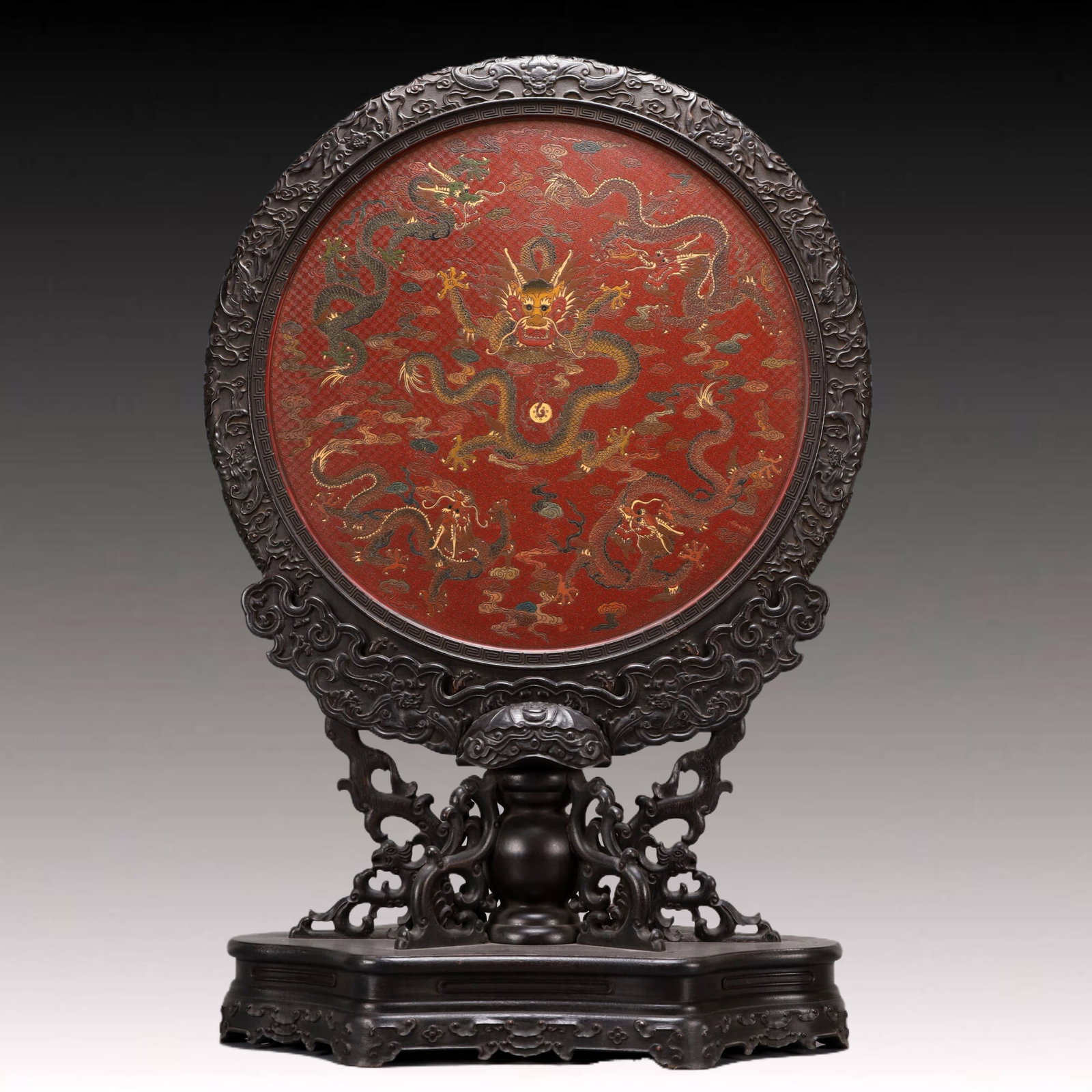 A Exquisite Zitanwood Inlaid Carved Red Lacquer Dragon Pattern Landscape and Figure Pattern Screen: A Exquisite Zitanwood Inlaid Carved Red Lacquer Dragon Pattern Landscape and Figure Pattern Screen , Qing Dynasty, China , Size:18.9inx8.3inx28in Weight:9150g 紫檀木嵌漆&