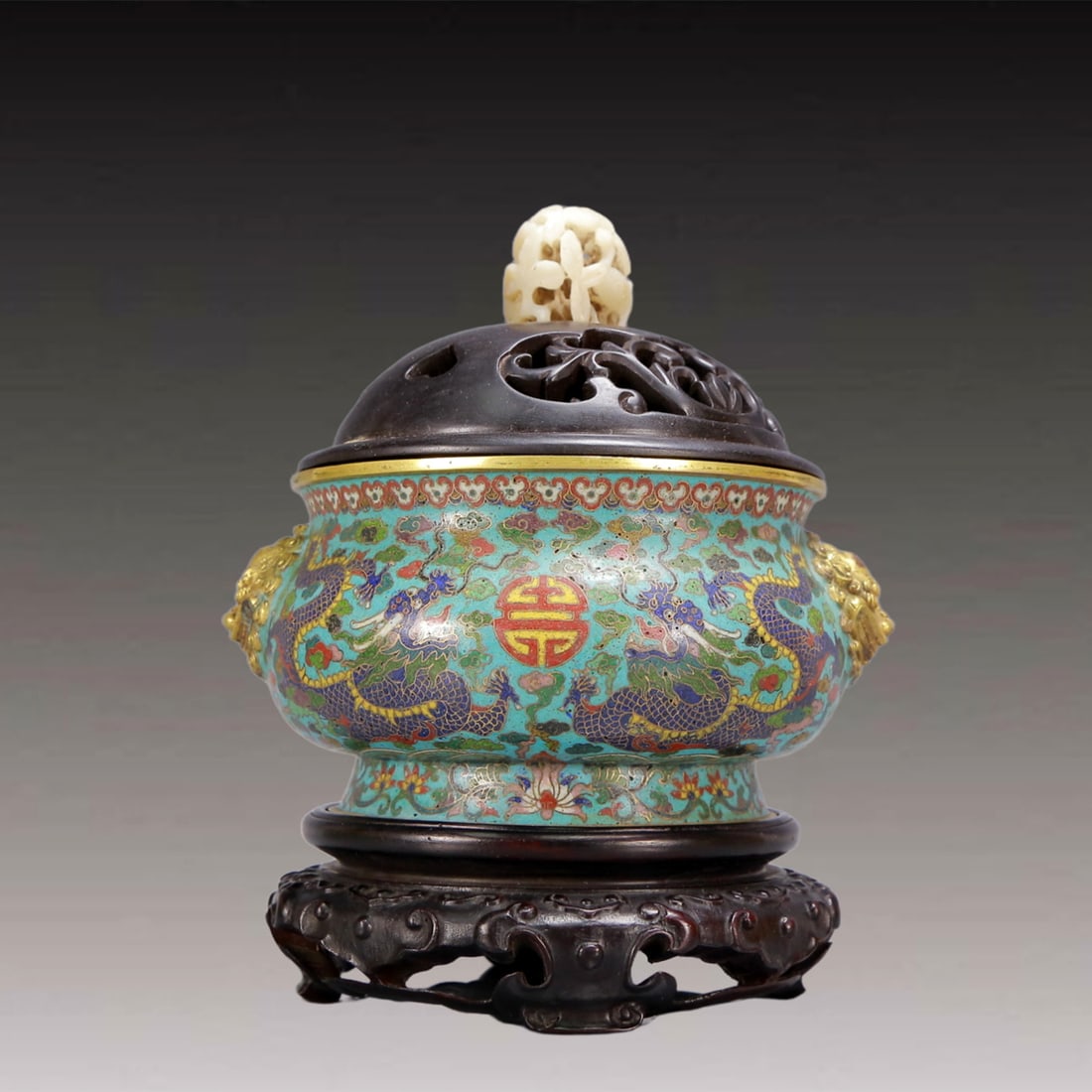 An Archaic Cloisonne Dragon Pattern Beast-Ears Censer,with Zitanwood Inlaid White Jade Cover (1 of 13)