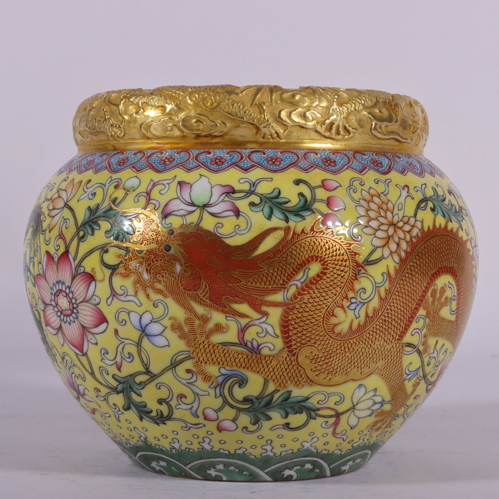 An Exquisite Enamel Yellow Ground Painted Gold Lotus and Dragon Pattern Water Pot (1 of 8)