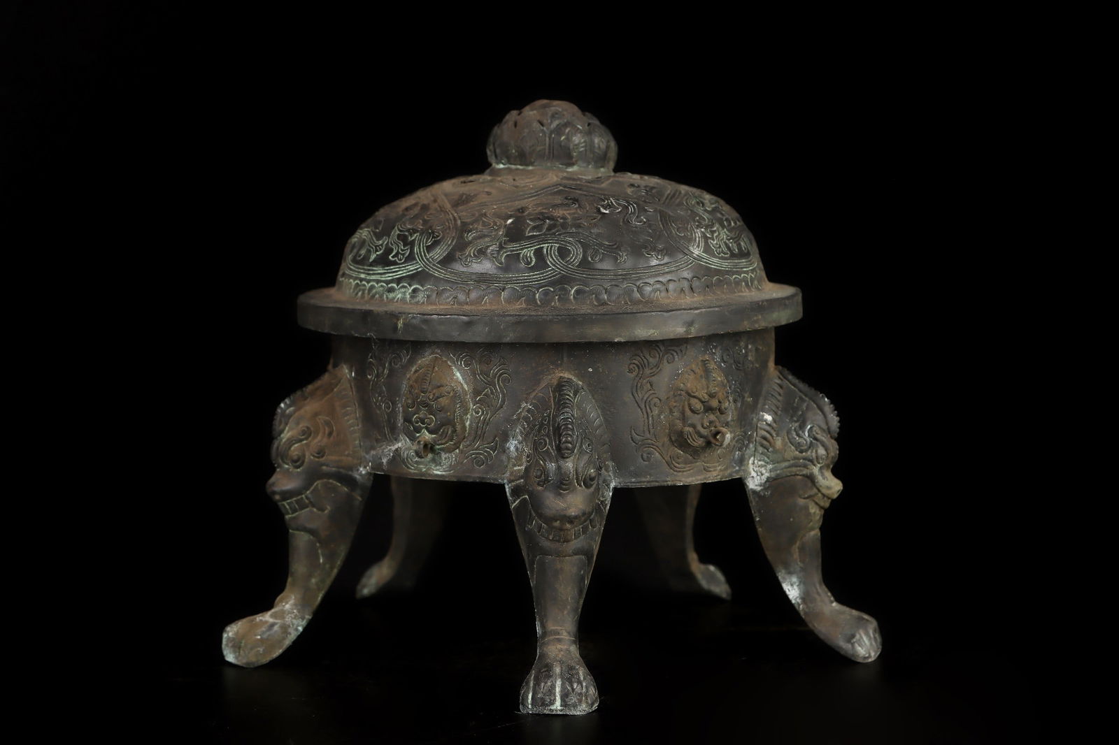 A Rare Silver Beast-Face Lotus Pattern Censer: A Rare Silver Beast-Face Lotus Pattern Censer,Qing Dynasty, China,Size:8.3inx7.9in Weight:866g 银兽面缠枝莲纹香炉,中国清代