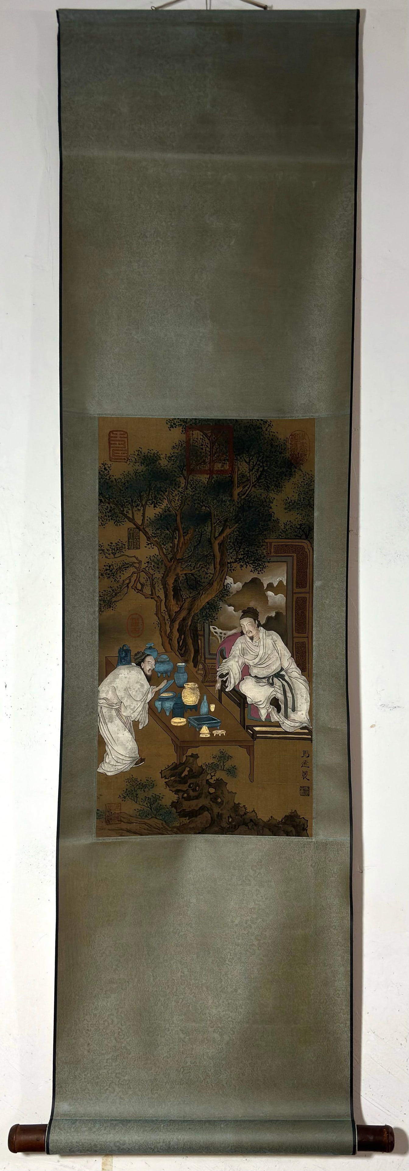 A Chinese Vertical Scroll Ink Painting of Character and Story on Silk,Ma Yuan: A Chinese Vertical Scroll Ink Painting of Character and Story on Silk,Ma Yuan,Size:(Without frame)22.2inx11.6in 