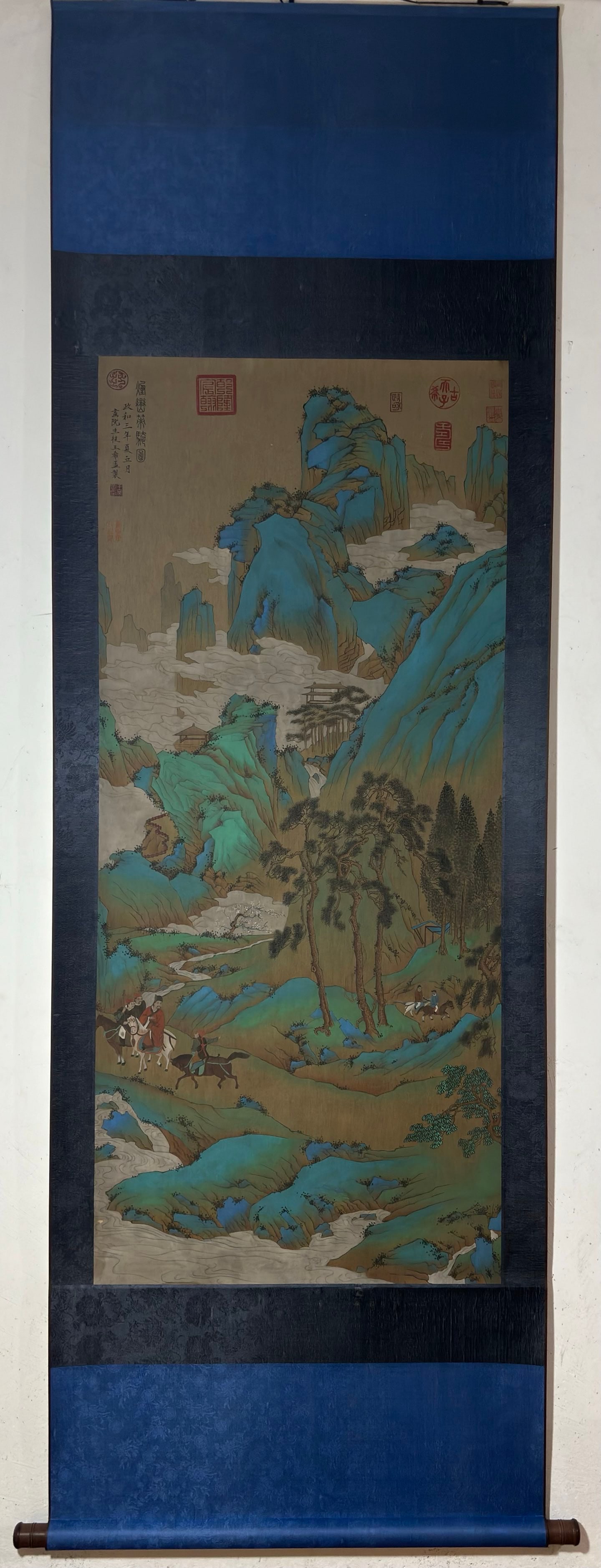 A Chinese Vertical Scroll Ink Painting of Landscape and Figure on Silk,Wang Ximeng: A Chinese Vertical Scroll Ink Painting of Landscape and Figure on Silk,Wang Ximeng,Size:(Without frame)54.1inx24in 一幅中国水墨绢本山水É