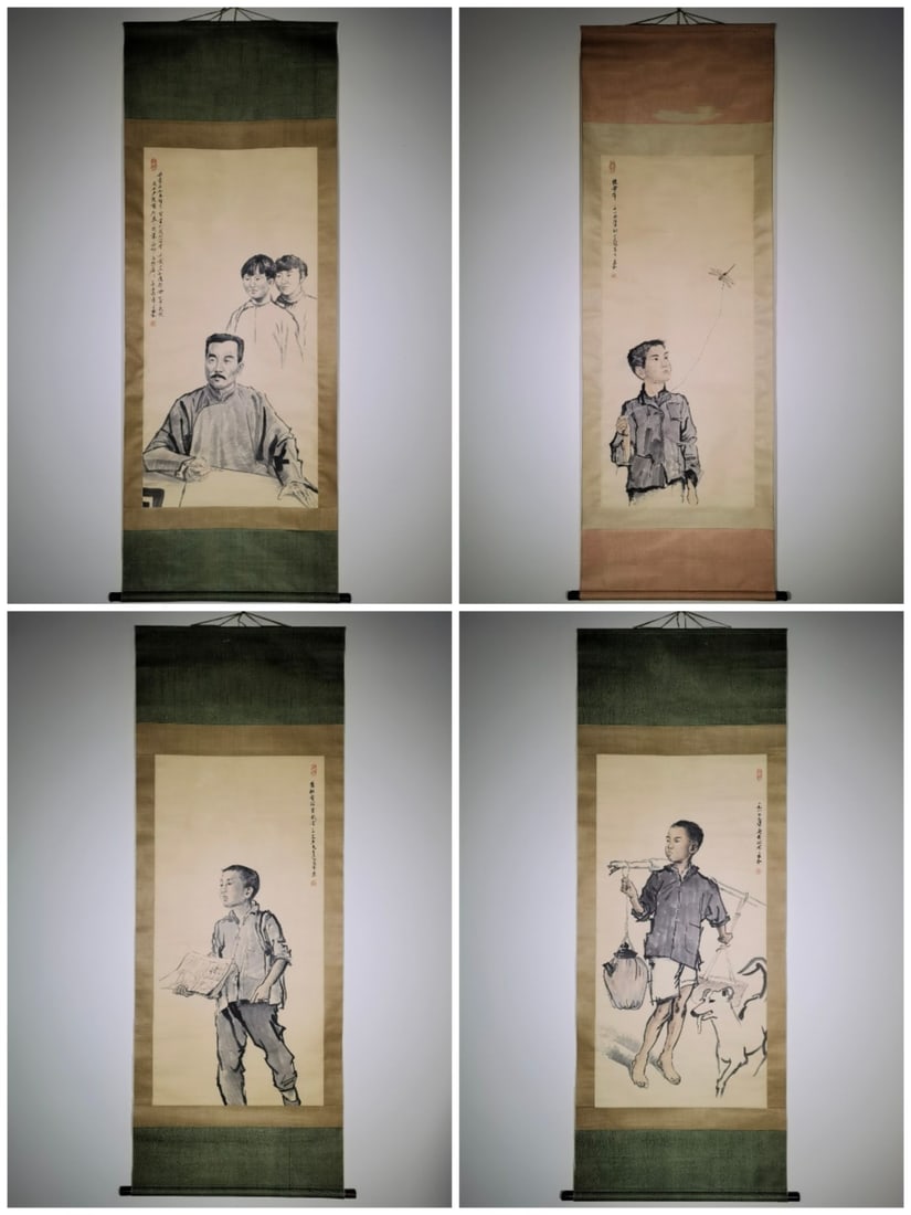 A Set of Chinese Vertical Scroll Ink Painting of Figure on Paper,Jiang Zhaohe: A Set of Chinese Vertical Scroll Ink Painting of Figure on Paper,Jiang Zhaohe,Size:(entirety)87.4inx29.1in*4,(Without frame)53.5inx23.6in*4 