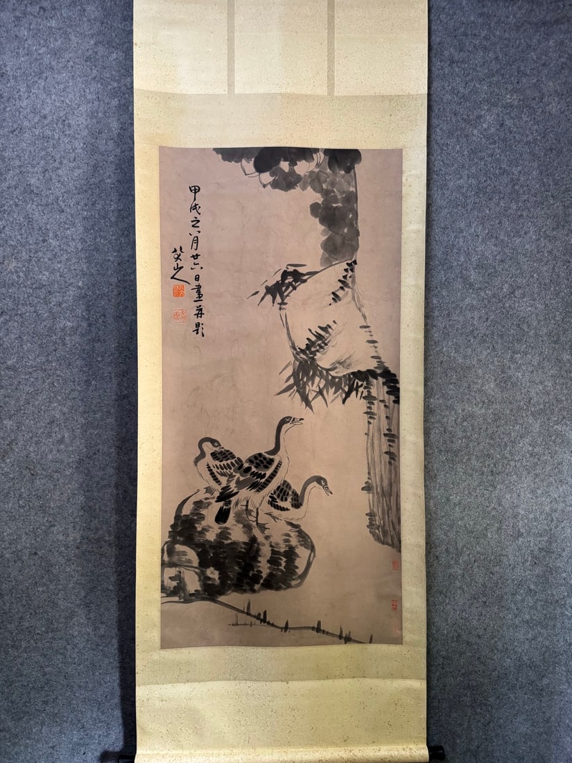 A Chinese Vertical Scroll Ink Painting of Flower and Bird on Paper,Bada Shanren: A Chinese Vertical Scroll Ink Painting of Flower and Bird on Paper,Bada Shanren,Size:(Without frame)26.6inx54.3in 