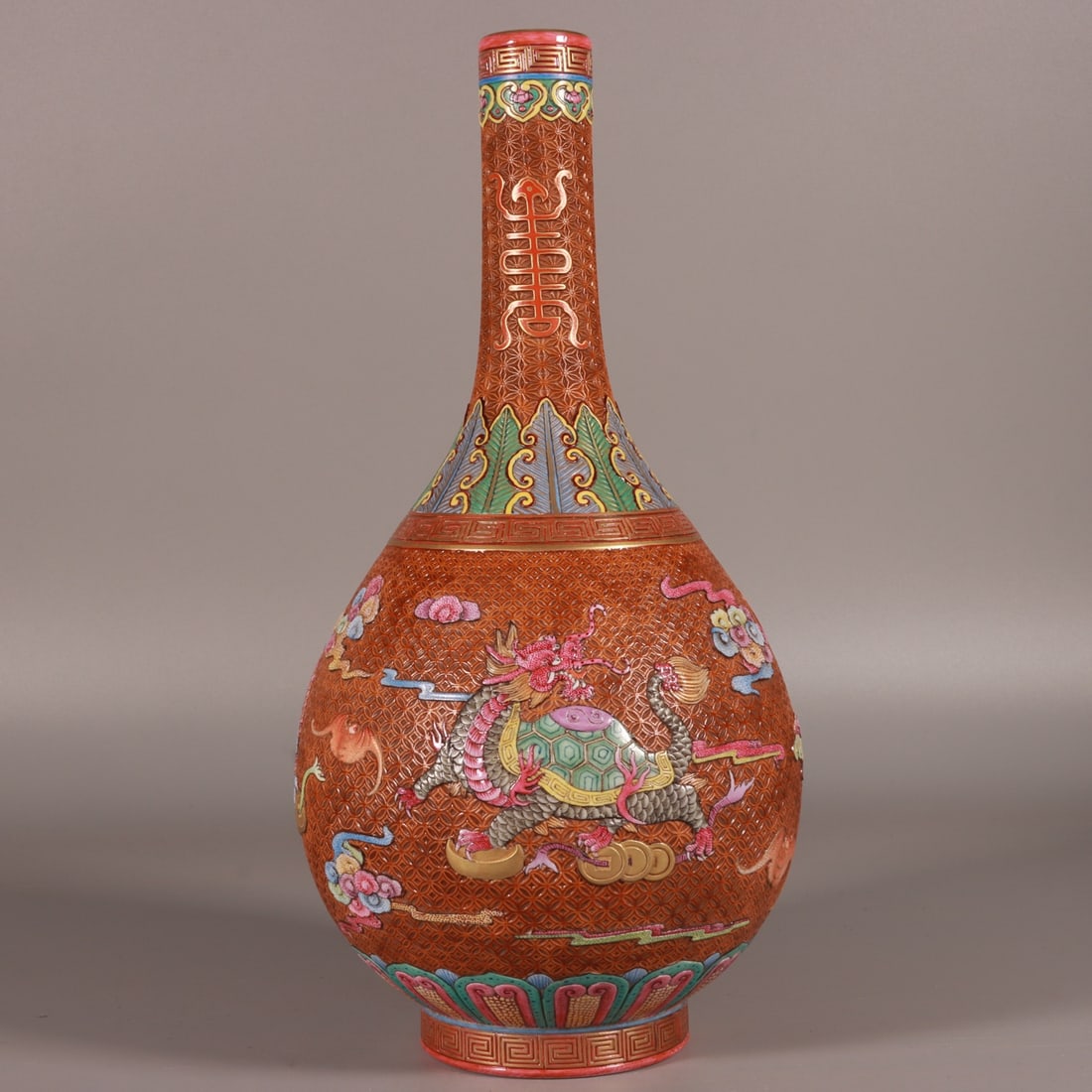 An Exquisite Enamel Brown Glazed Shou-Character Auspicious Cloud and Auspicious Beast Pattern Vase: An Exquisite Enamel Brown Glazed Shou-Character Auspicious Cloud and Auspicious Beast Pattern Vase,Qing Dynasty, China,Qianlong Six-character Mark,Size:11.4inx5.9in 