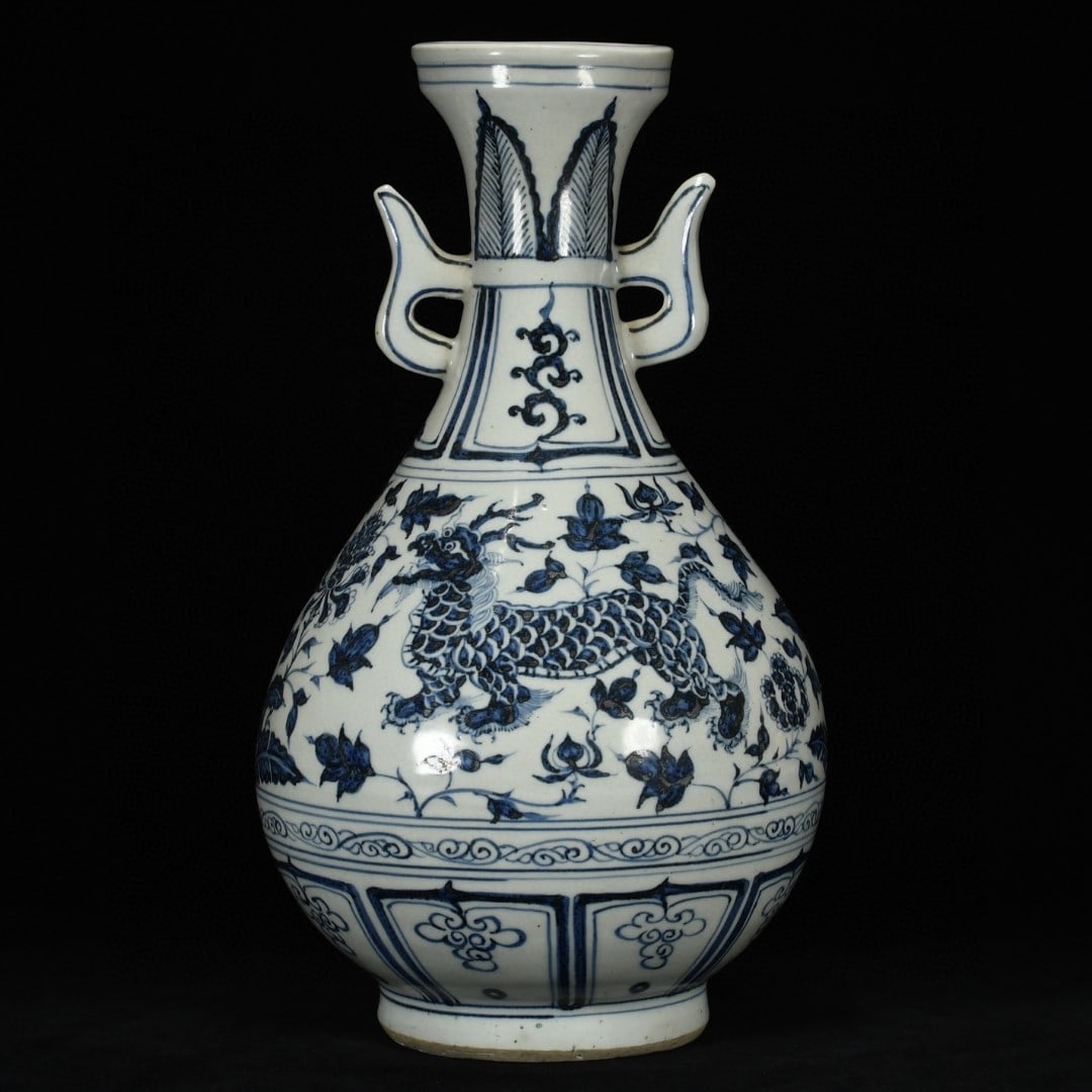 A Rare Blue and White Lotus and Kylin Pattern Double-Ears Vase: A Rare Blue and White Lotus and Kylin Pattern Double-Ears Vase,Yuan Dynasty, China,Size:13.8inx8.3in 
