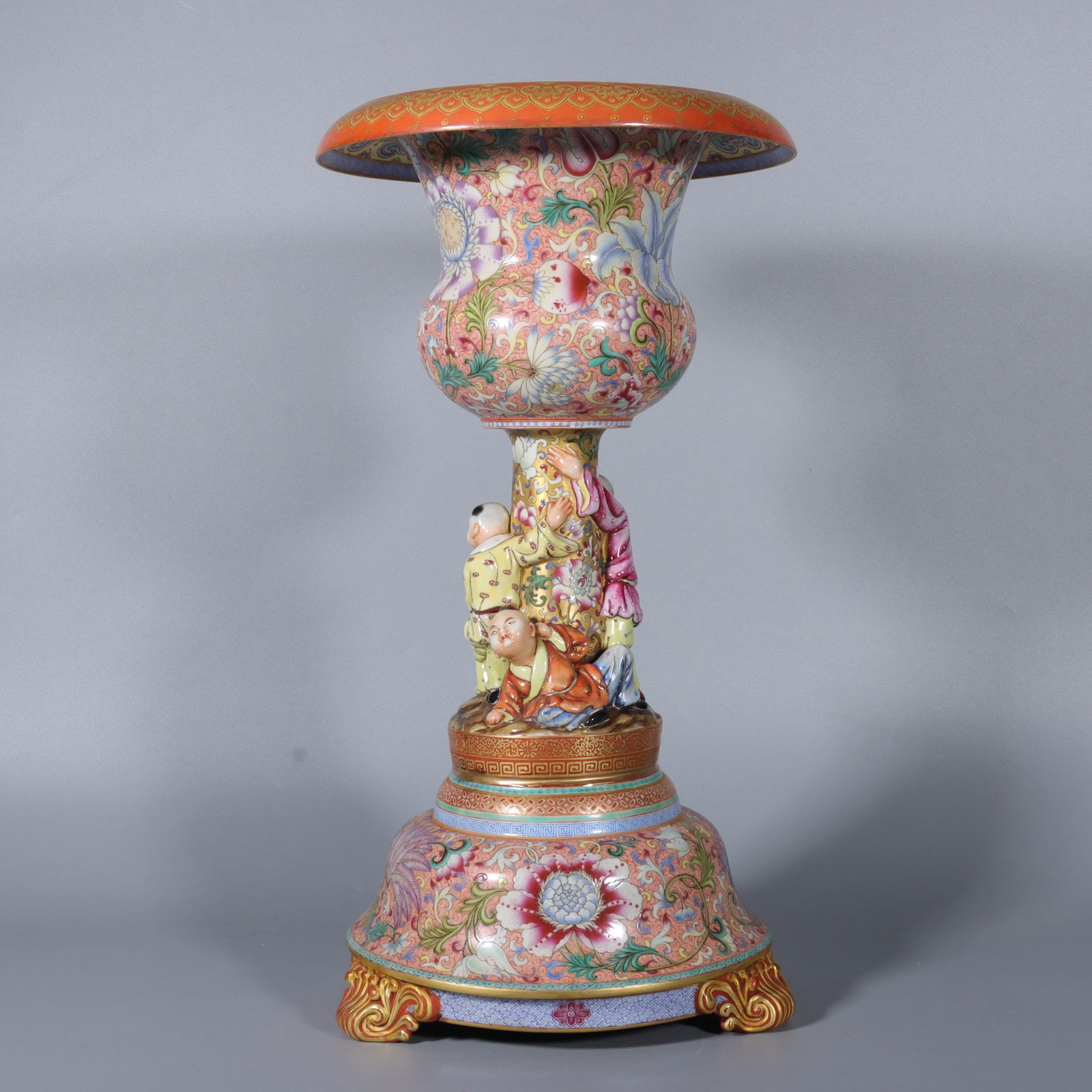 A Rare Famille-Rose Painted Gold Lotus and Figure Pattern Tripod Floral Frog: A Rare Famille-Rose Painted Gold Lotus and Figure Pattern Tripod Floral Frog,Qing Dynasty, China,Yongzheng Four-character Mark,Size:15.2inx7.9inx6.9in 