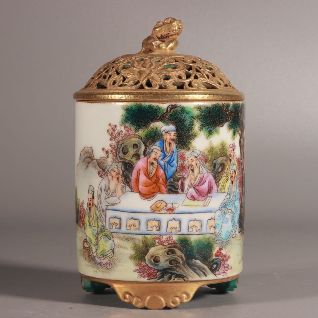 An Exquisite Enamel Painted Gold Landscape and Figure Pattern Tripod Censer: An Exquisite Enamel Painted Gold Landscape and Figure Pattern Tripod Censer,Qing Dynasty, China,Qianlong Four-character Mark,Size:5.5inx3.1in 