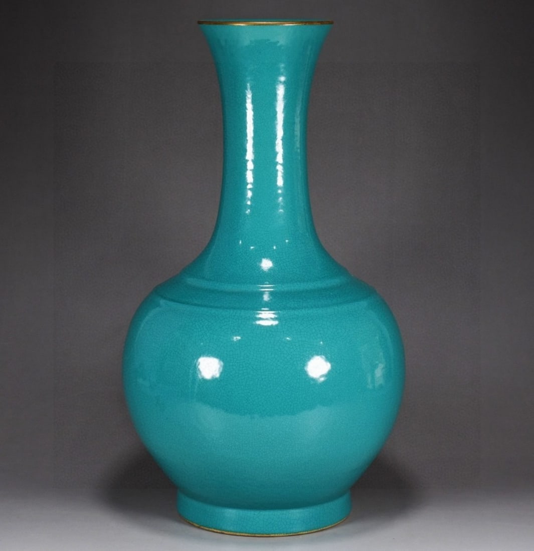 A Rare Turquoise Glazed Painted Gold Vase: A Rare Turquoise Glazed Painted Gold Vase,Qing Dynasty, China,Size:14.6inx8.7in 松石绿釉描金瓶,中国清代