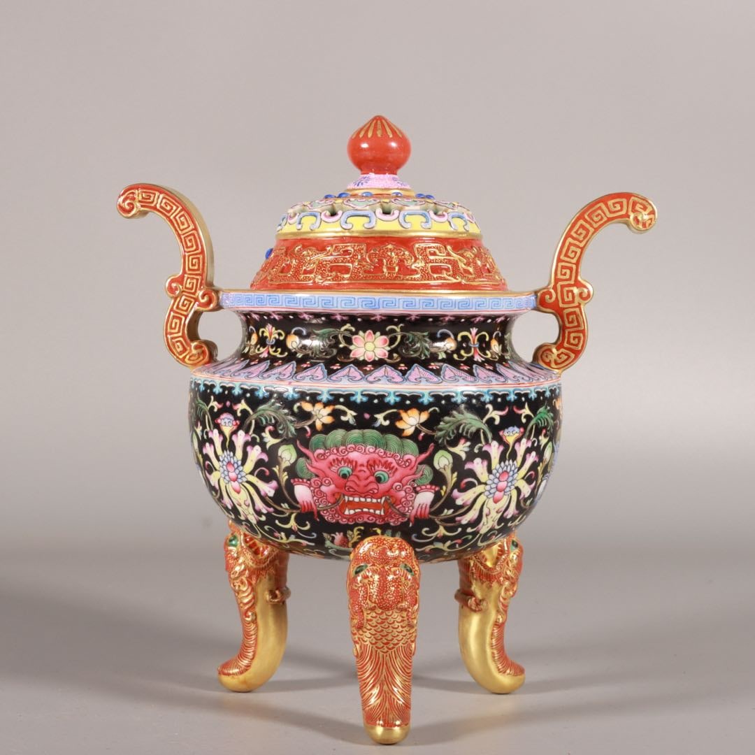 An Exquisite Enamel Black Ground Painted Gold Lotus and Beast-Face Pattern Double-Ears Tripod Censer: An Exquisite Enamel Black Ground Painted Gold Lotus and Beast-Face Pattern Double-Ears Tripod Censer,Qing Dynasty, China,Qianlong Six-character Mark,Size:8.3inx6.9in 