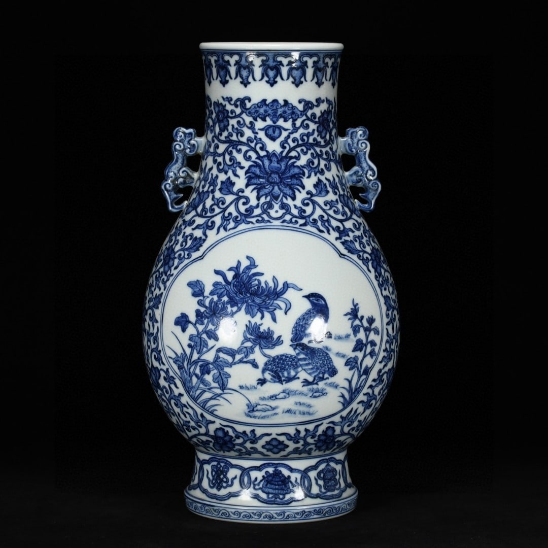 A Rare Blue and White Flower and Bird Pattern Double-Ears Vase: A Rare Blue and White Flower and Bird Pattern Double-Ears Vase,Qing Dynasty, China,Qianlong Six-character Mark,Size:15.4inx8.7in 