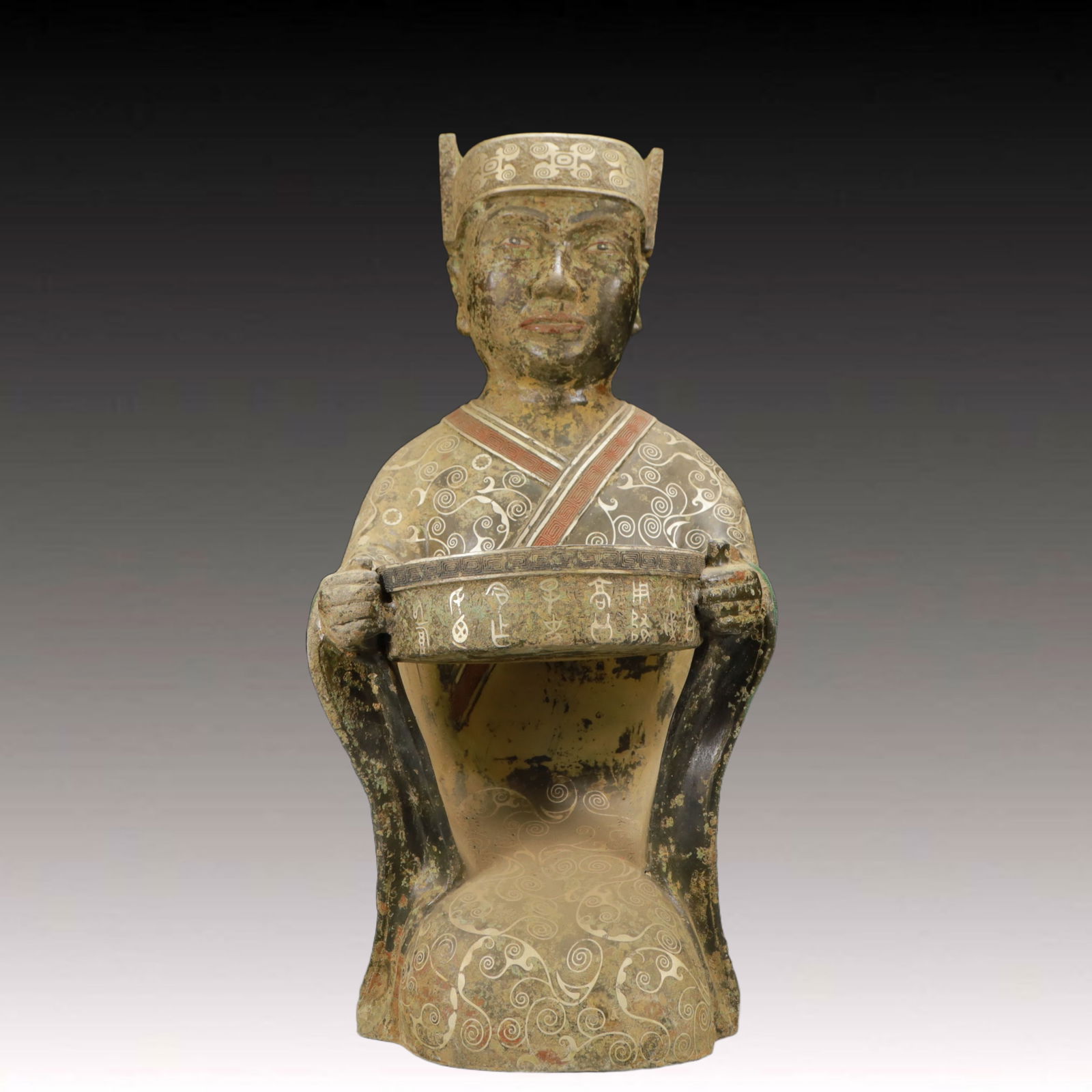 A Rare Bronze Inlaid Silver Figure Candlestick,With Inscription (1 of 14)