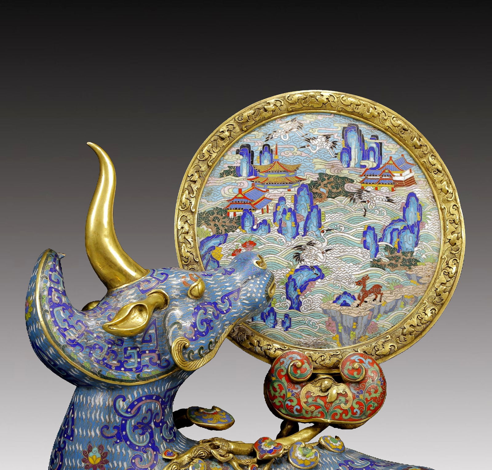 A Huge Cloisonne Unicorn Table Screen - 2