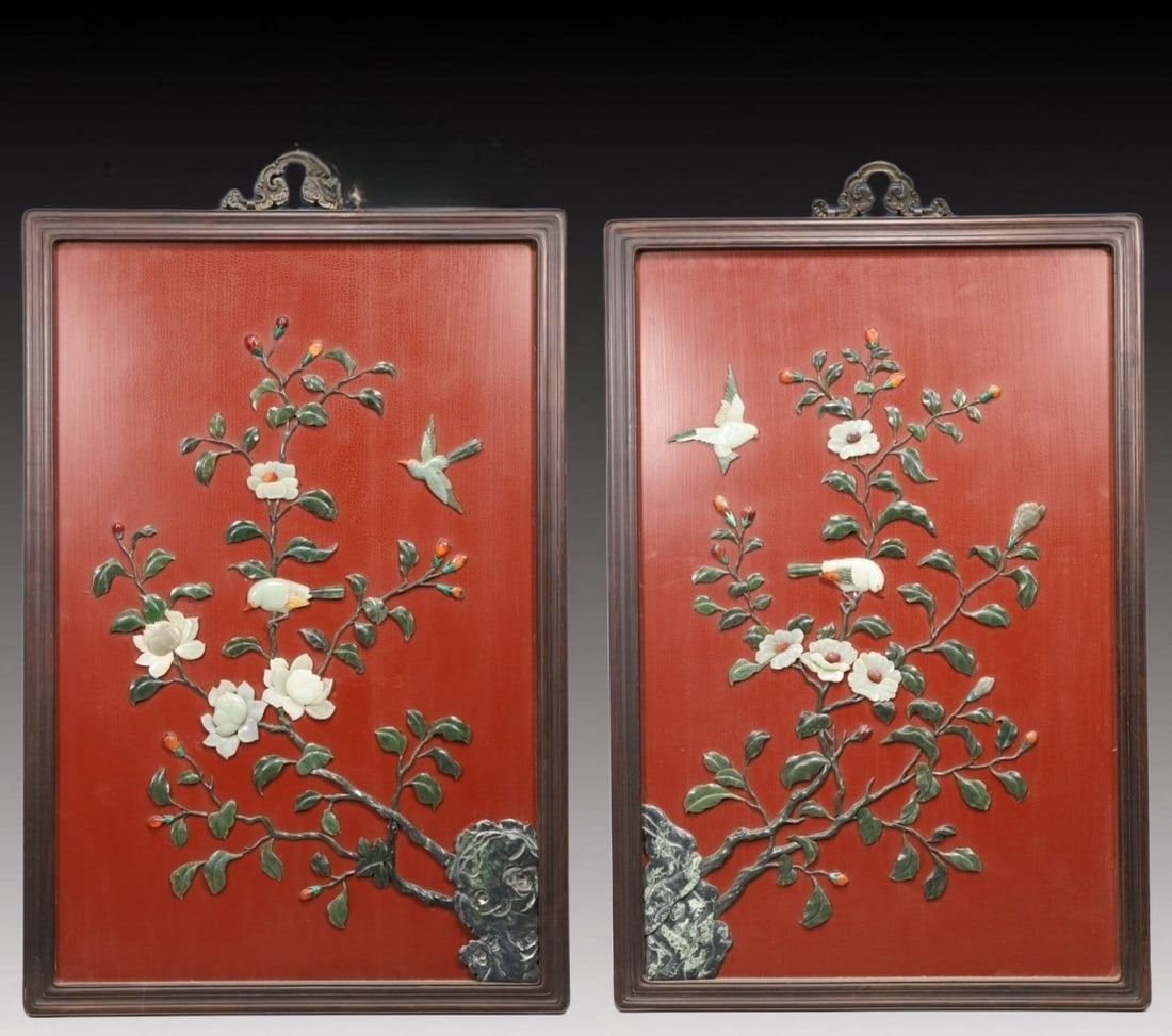A Pair of Exquisite Redwood Inlaid Gems Flower and Bird Pattern Hanging Panels: A Pair of Exquisite Redwood Inlaid Gems Flower and Bird Pattern Hanging Panels,Qing Dynasty, China,Size:24inx36.6inx1.2in 