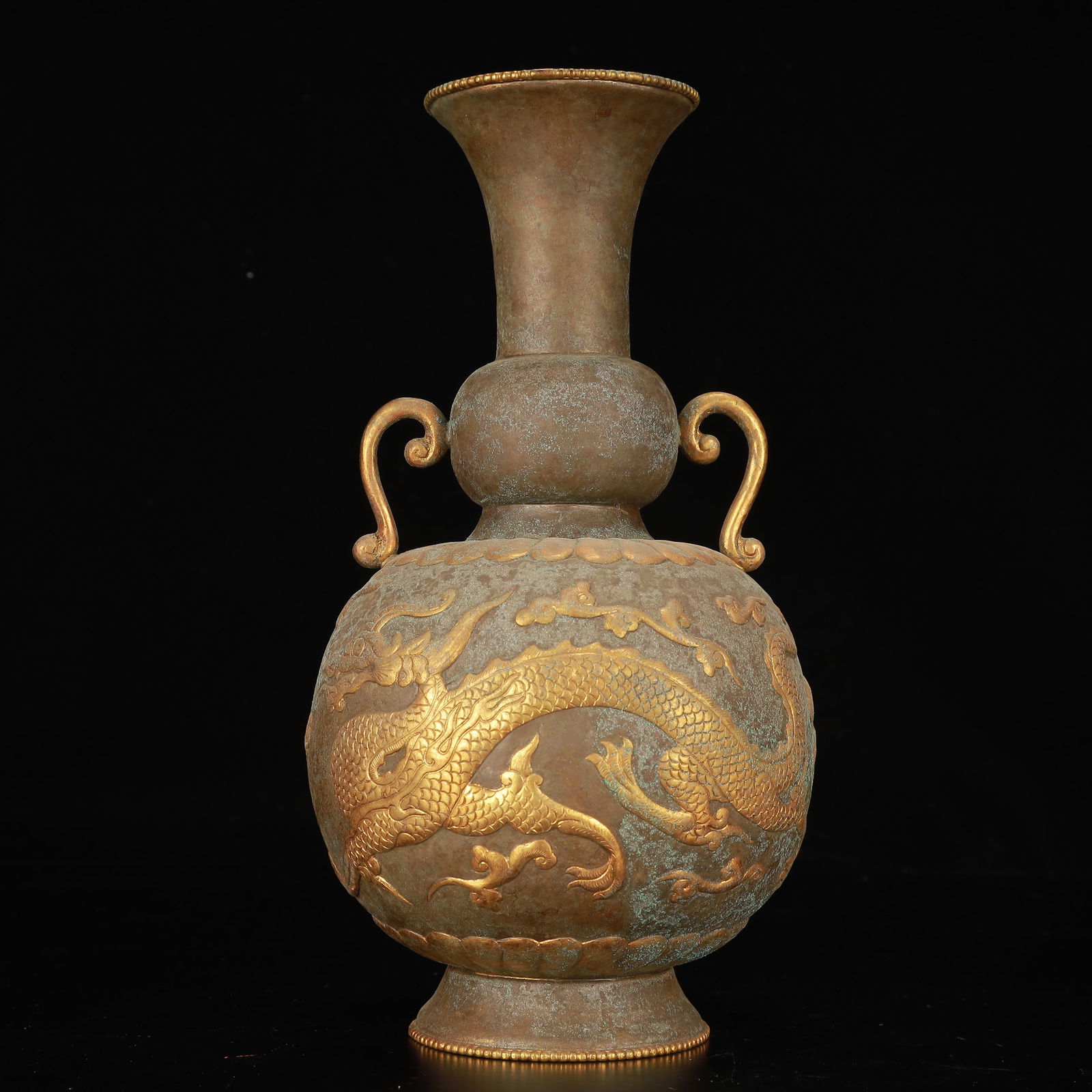 An Exquisite Gilt Bronze Auspicious Cloud and Dragon Pattern Double-Ears Vase: An Exquisite Gilt Bronze Auspicious Cloud and Dragon Pattern Double-Ears Vase,Qing Dynasty, China,Size:5.9inx10.6in,Weight:1200g 